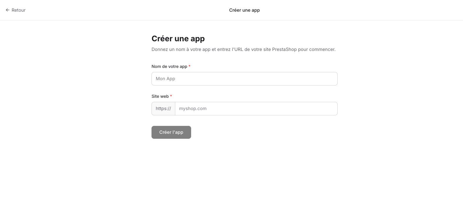 Formulaire de création d'une application mobile PrestaShop dans Prestafy avec le nom et l'URL de la boutique