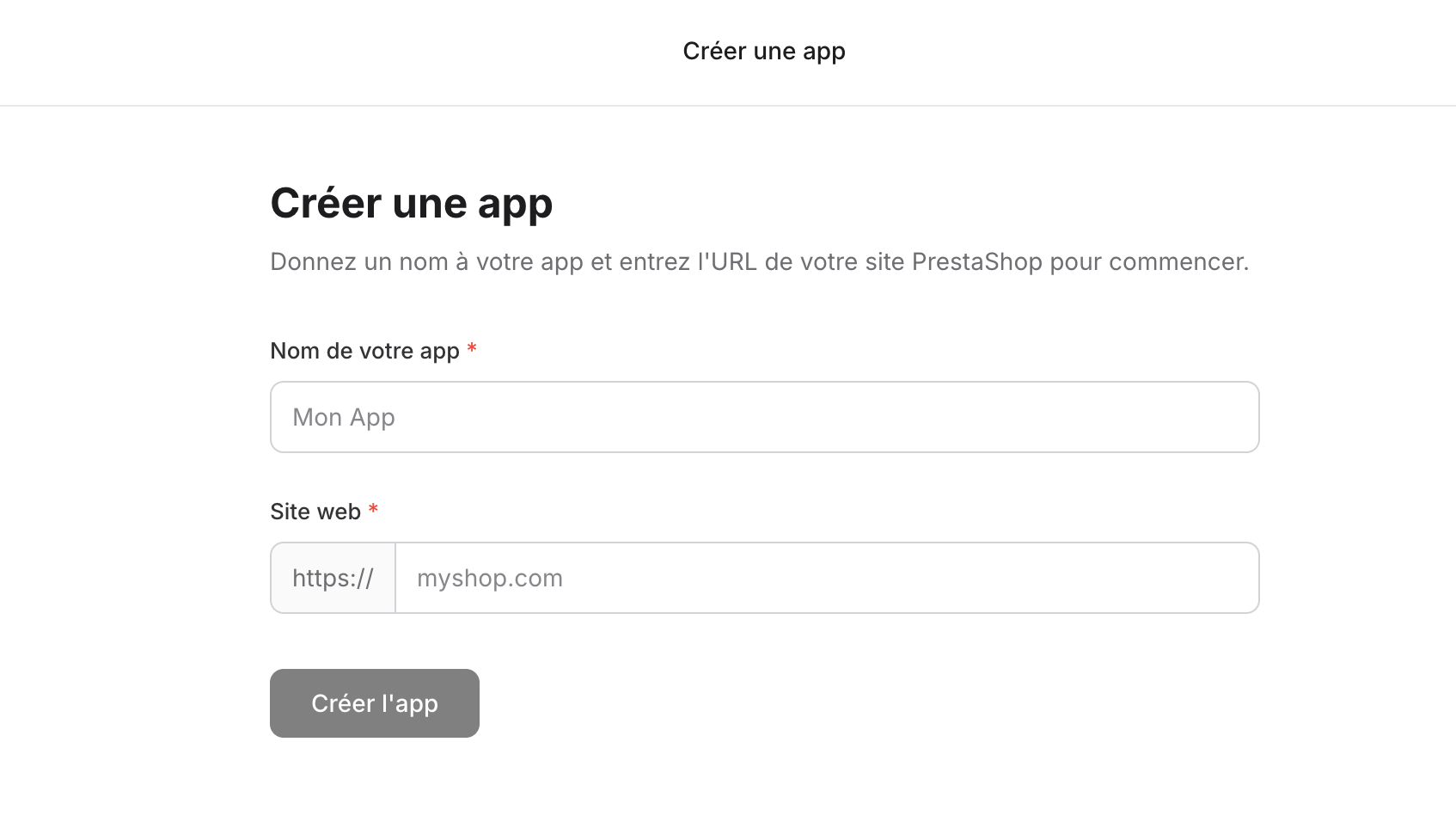 Formulaire de création d'une application mobile PrestaShop dans Prestafy avec le nom et l'URL de la boutique