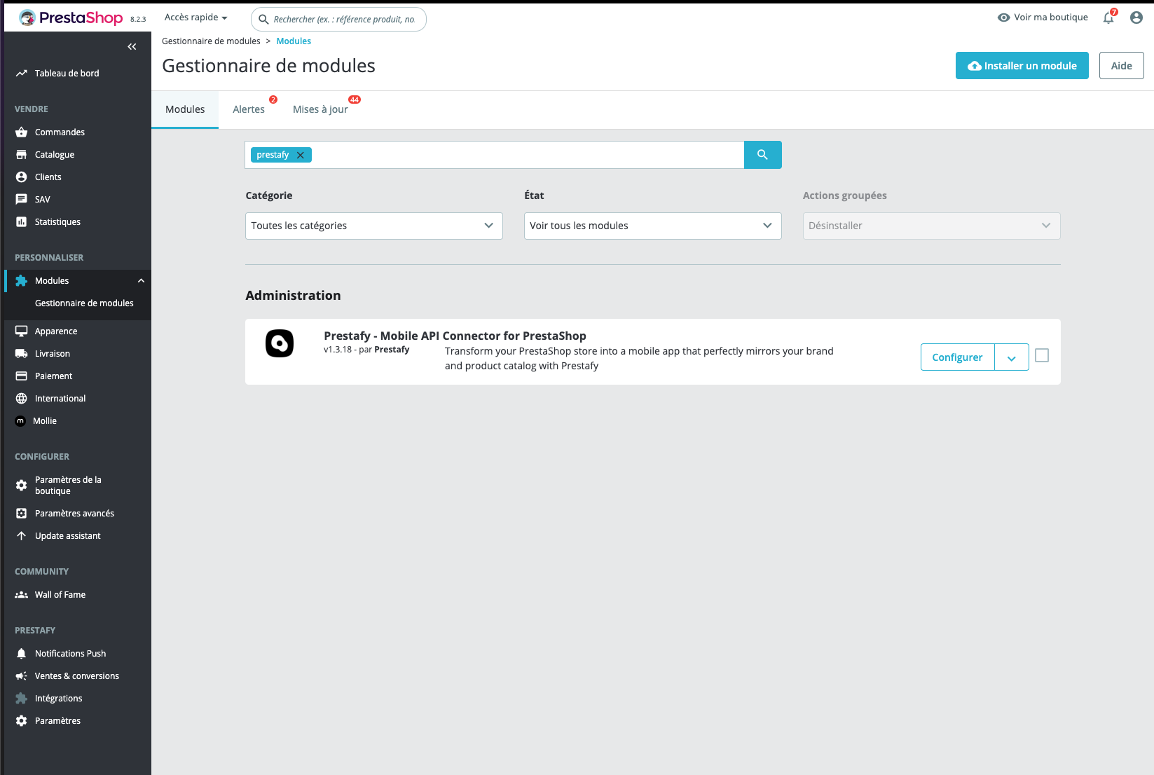 Module Prestafy installé dans le gestionnaire de modules du back-office PrestaShop