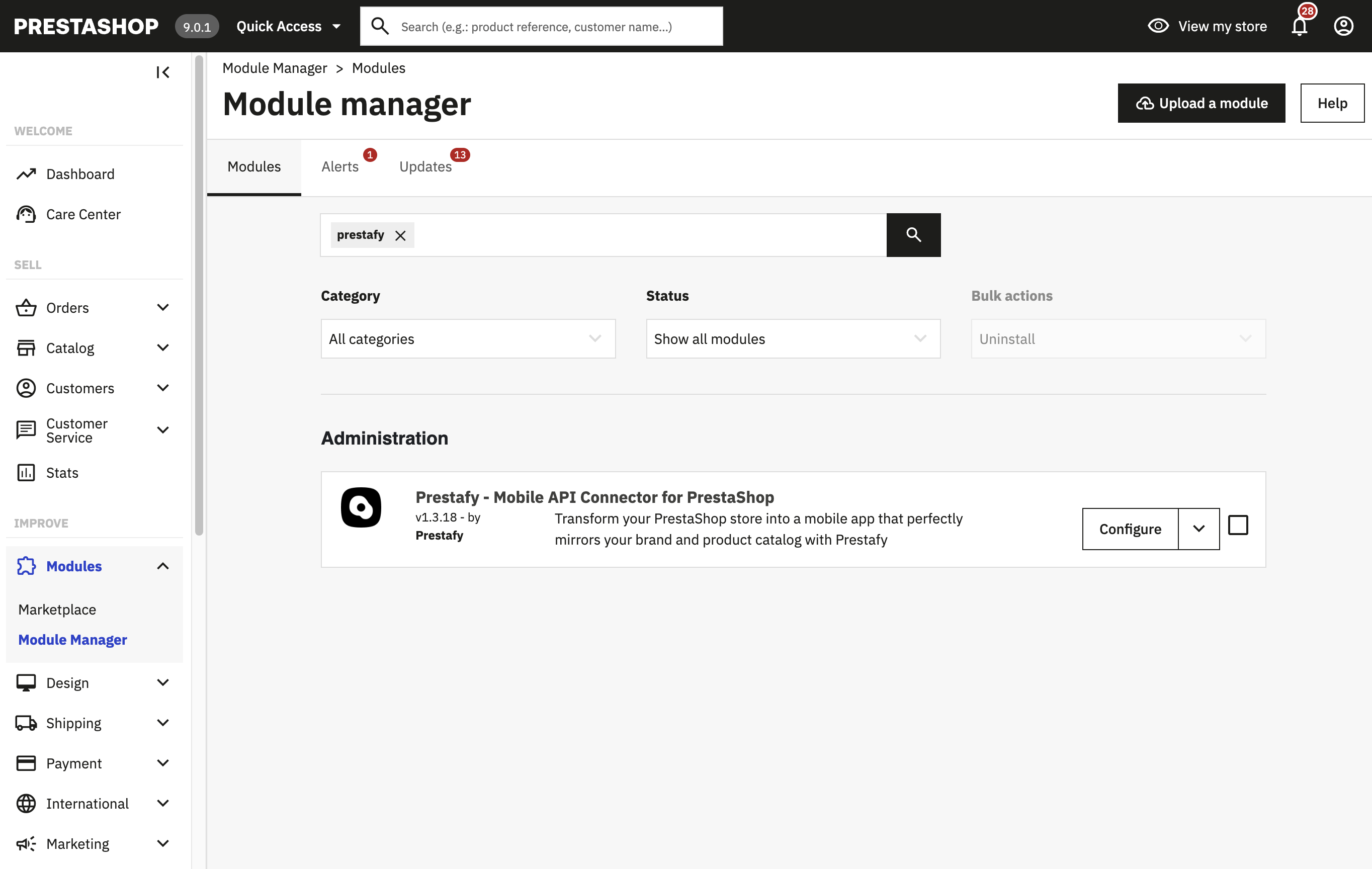 Module Prestafy installé dans le gestionnaire de modules du back-office PrestaShop