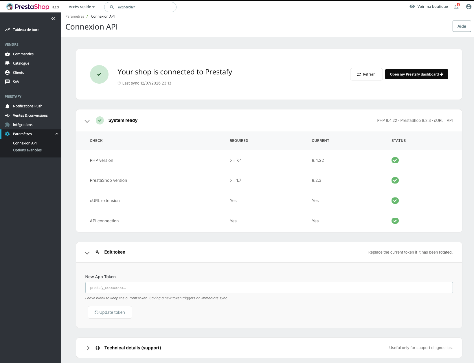 Configuration du module Prestafy dans PrestaShop : collage du token et statut boutique connectée