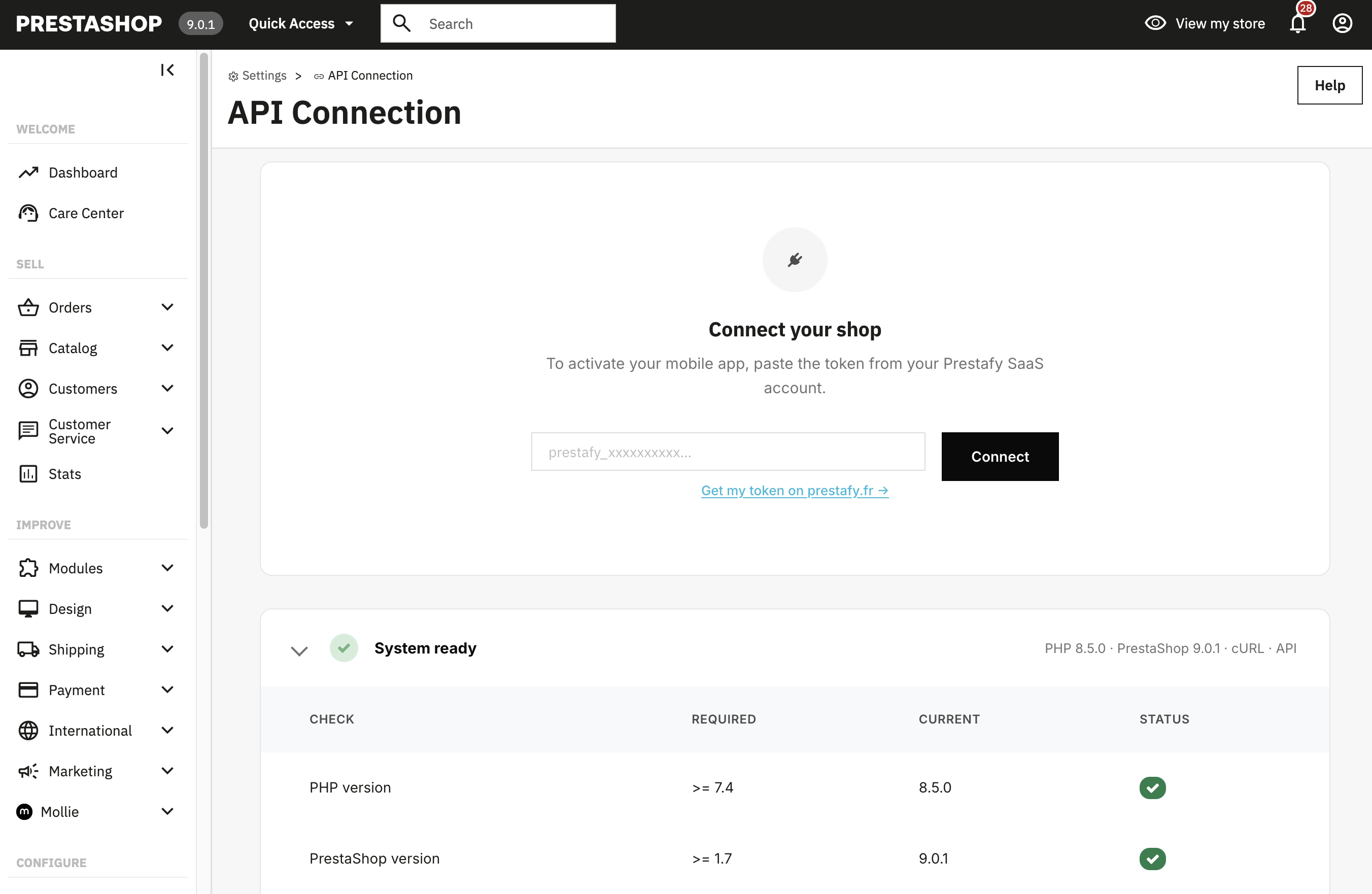 Configuration du module Prestafy dans PrestaShop : collage du token et statut boutique connectée