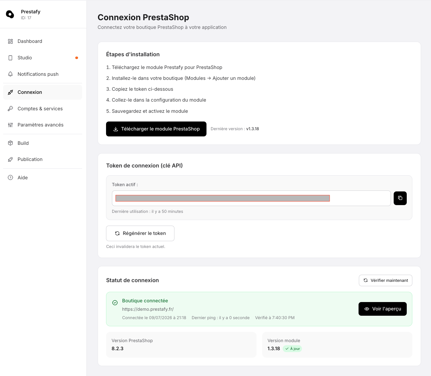 Page de connexion Prestafy pour télécharger le module PrestaShop et copier le token API