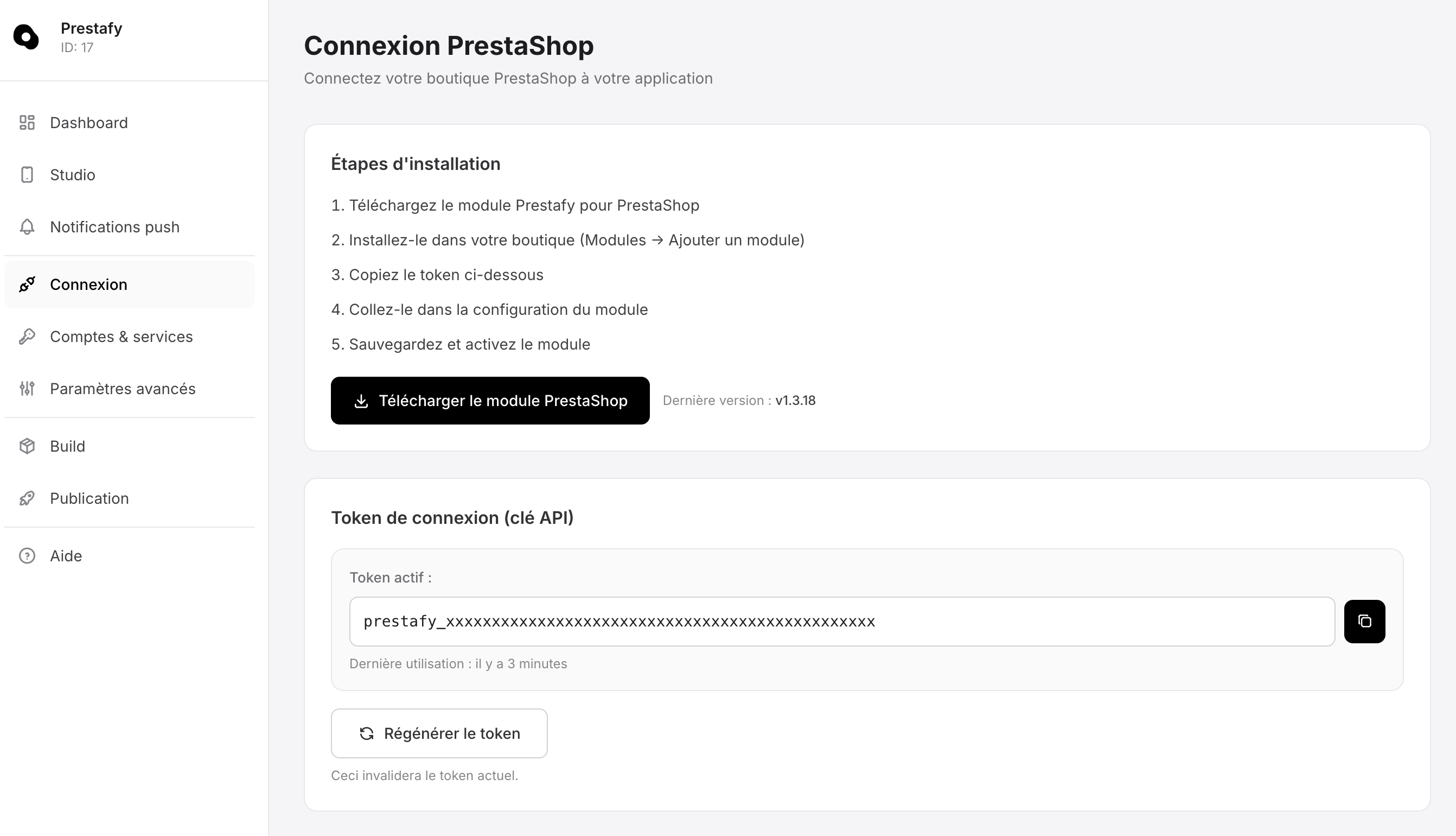 Page de connexion Prestafy pour télécharger le module PrestaShop et copier le token API