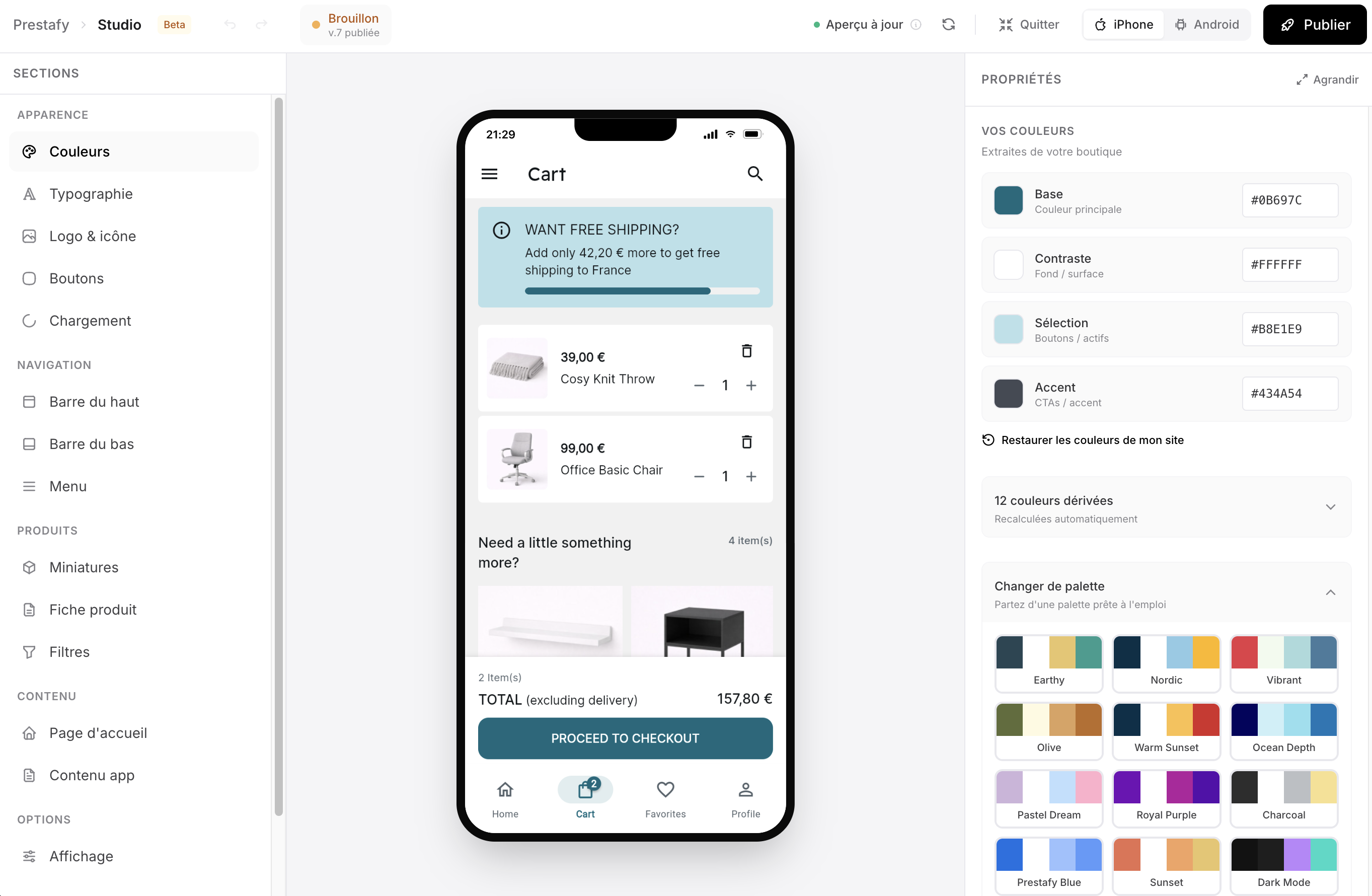 Personnalisation des couleurs et du thème de l'application PrestaShop dans le Studio Prestafy avec aperçu en temps réel