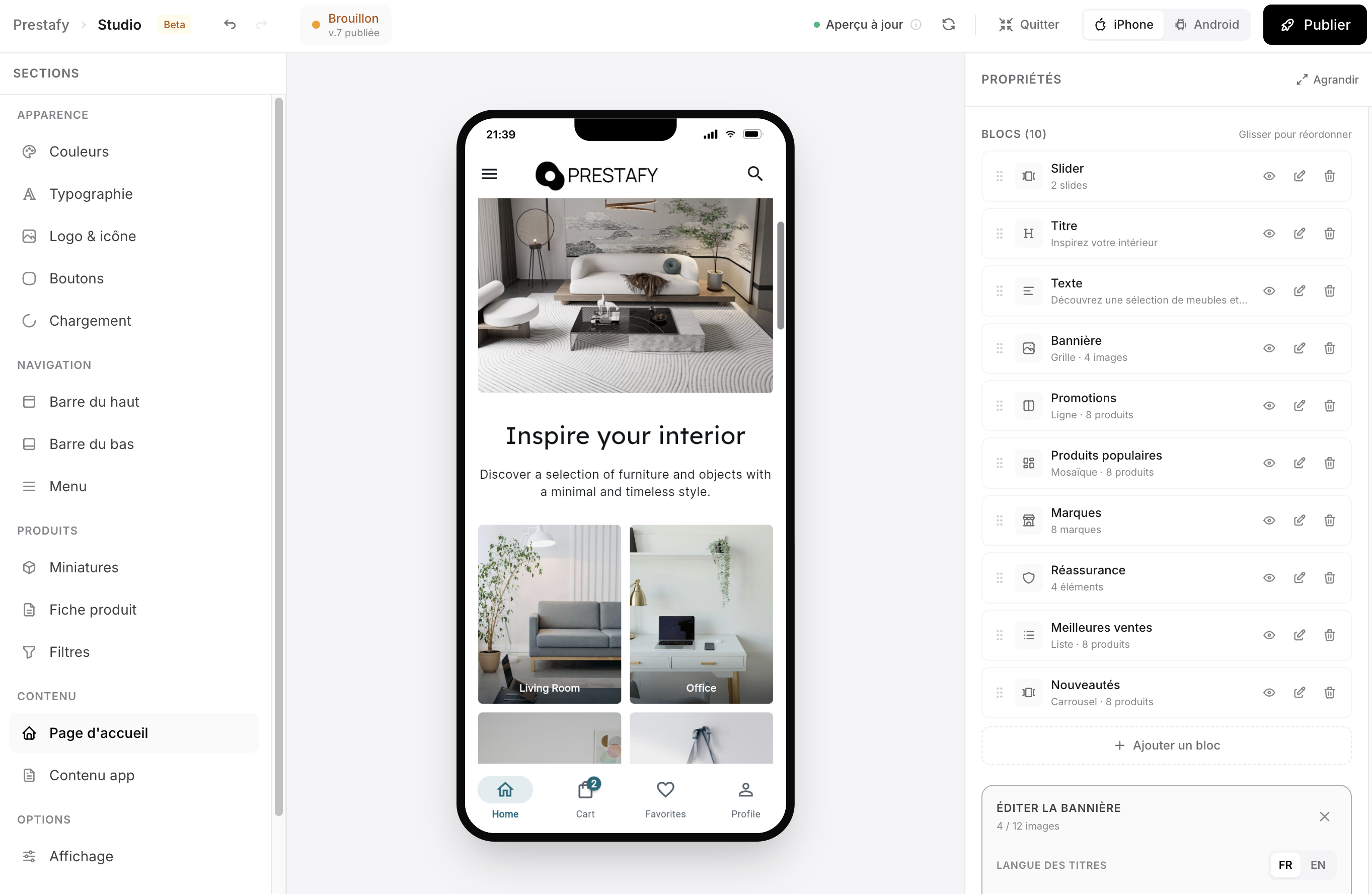 Composition de la page d'accueil de l'application mobile PrestaShop avec les blocs du Studio Prestafy