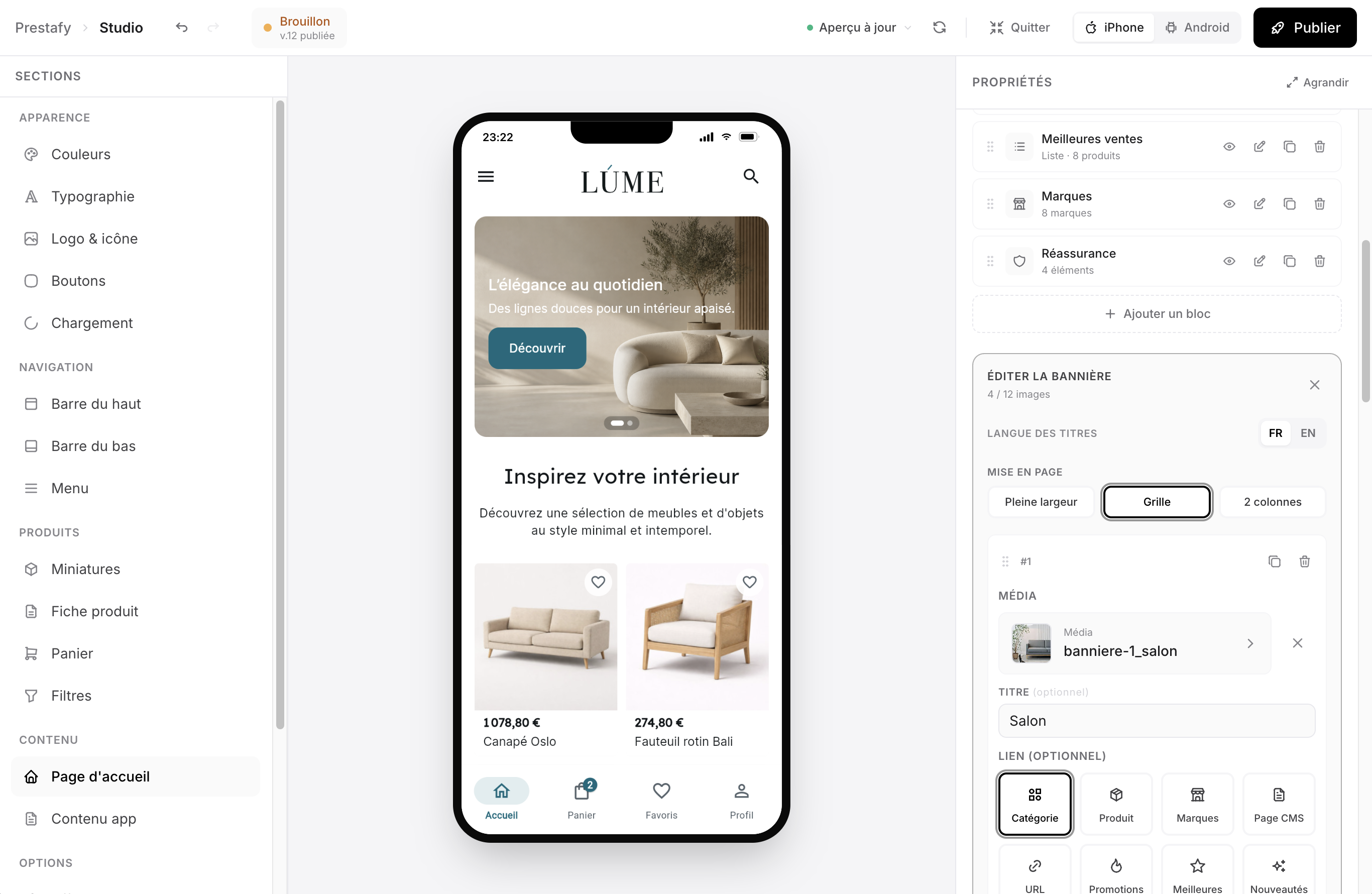 Composition de la page d'accueil de l'application mobile PrestaShop avec les blocs du Studio Prestafy
