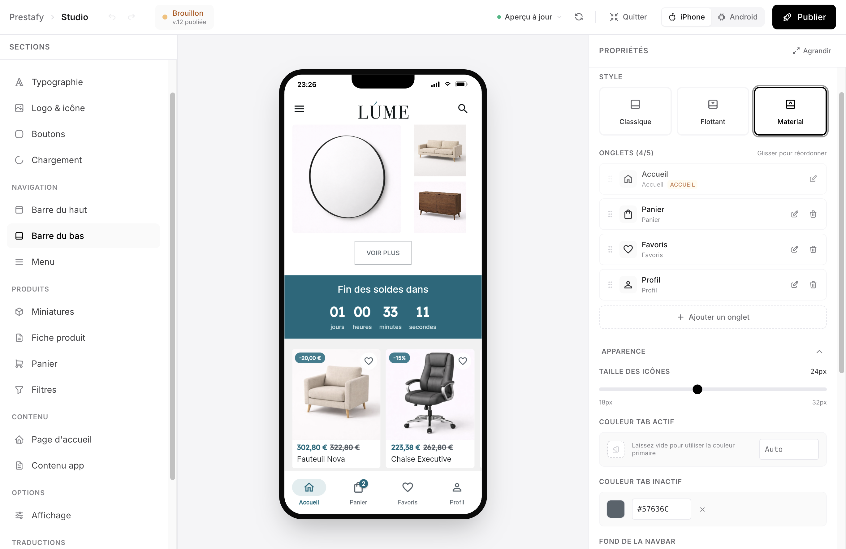 Personnalisation de la barre de navigation et du logo de l'application PrestaShop dans le Studio