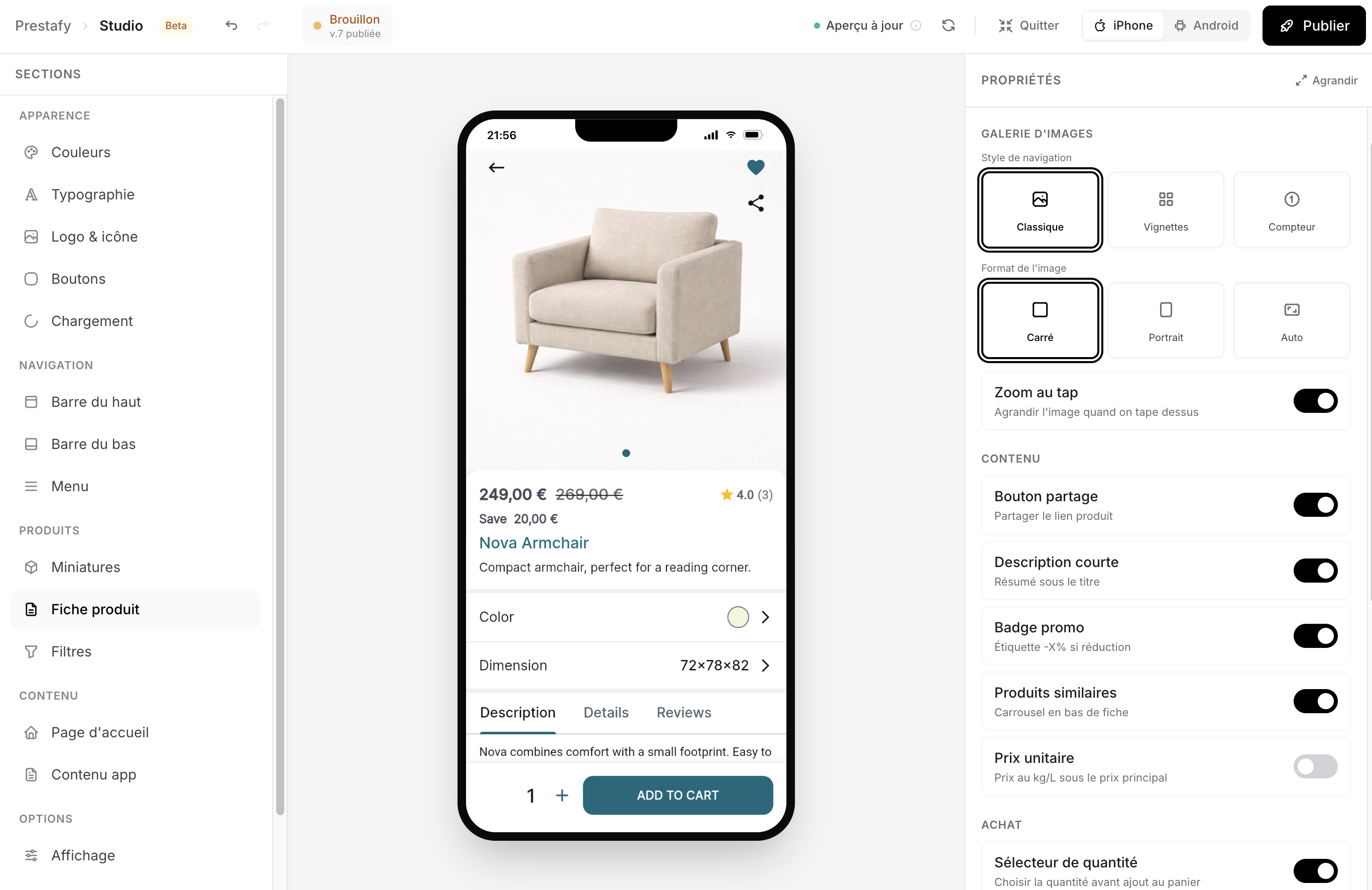 Configuration de la fiche produit de l'application mobile PrestaShop dans le Studio Prestafy