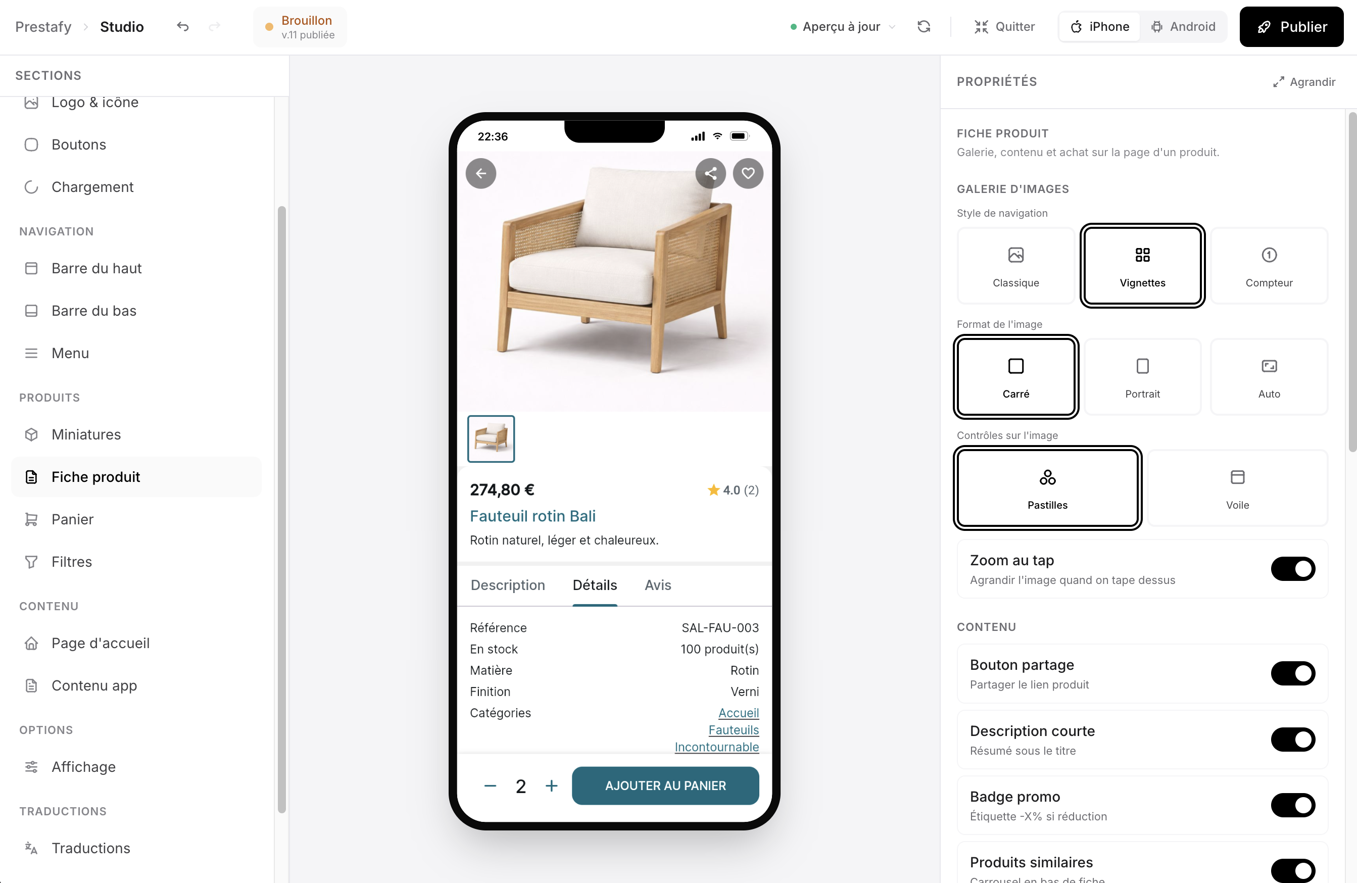 Configuration de la fiche produit de l'application mobile PrestaShop dans le Studio Prestafy