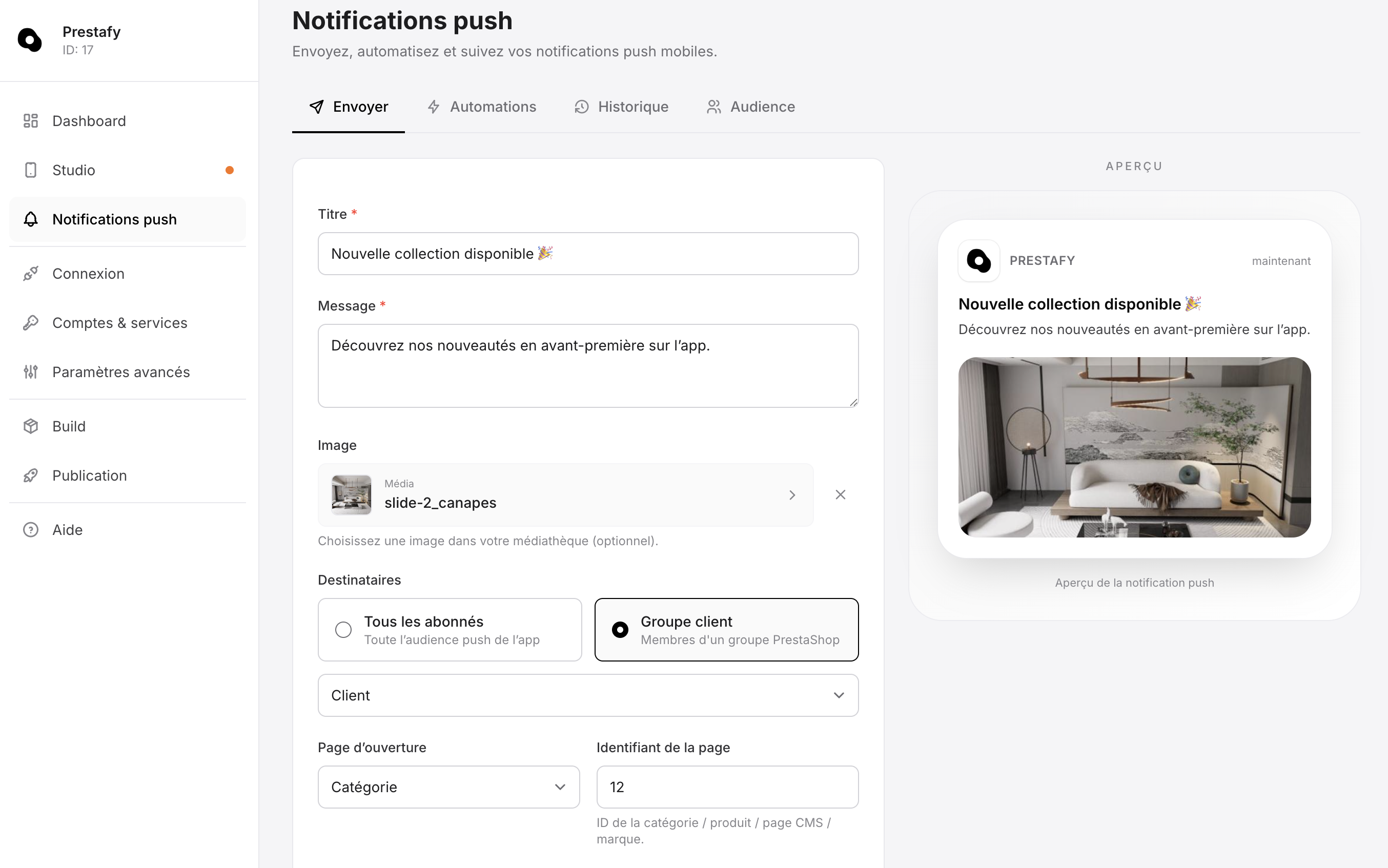Envoi d'une notification push depuis Prestafy pour l'application mobile PrestaShop, avec aperçu du rendu