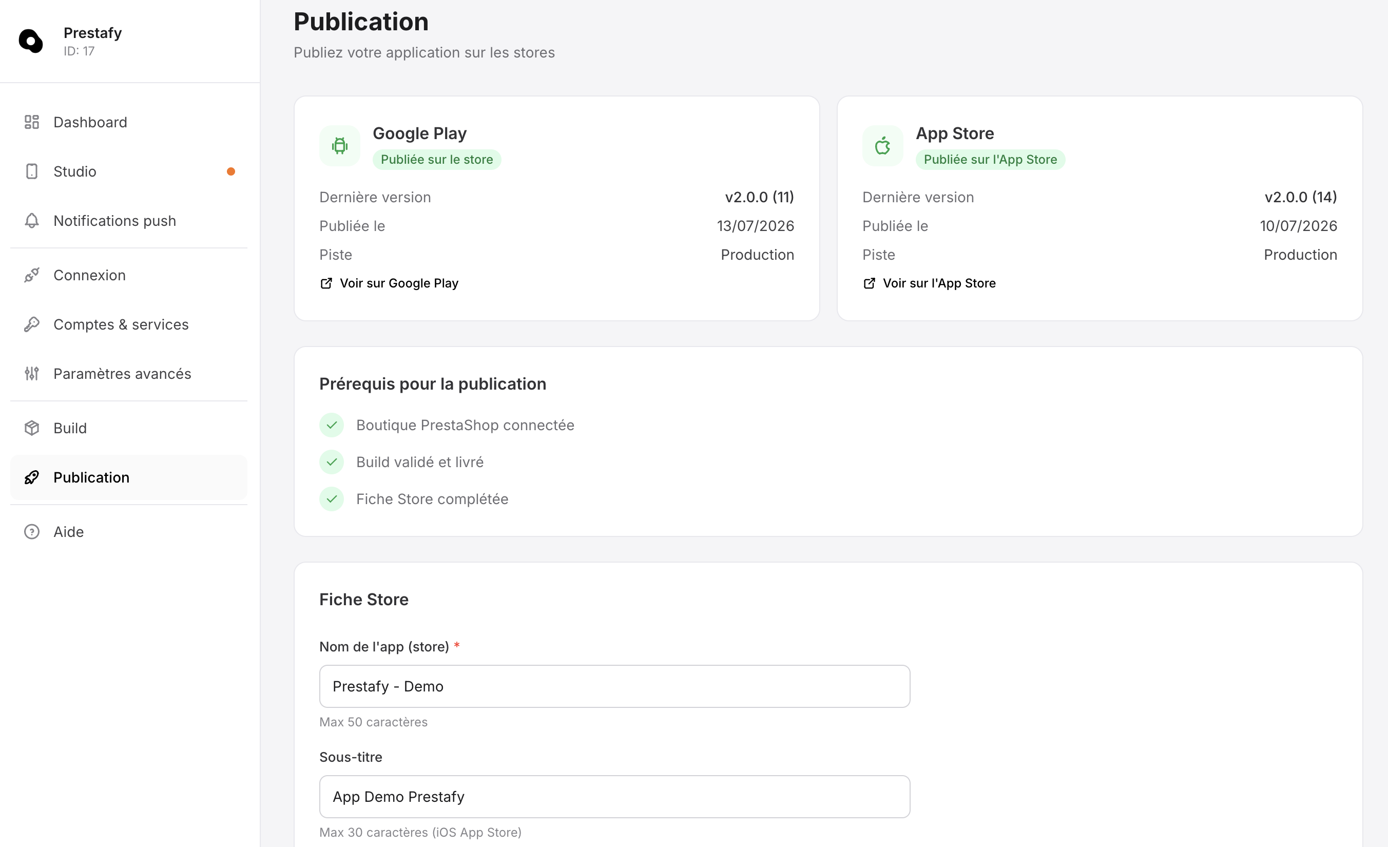 Publication de l'application PrestaShop sur l'App Store et Google Play depuis Prestafy