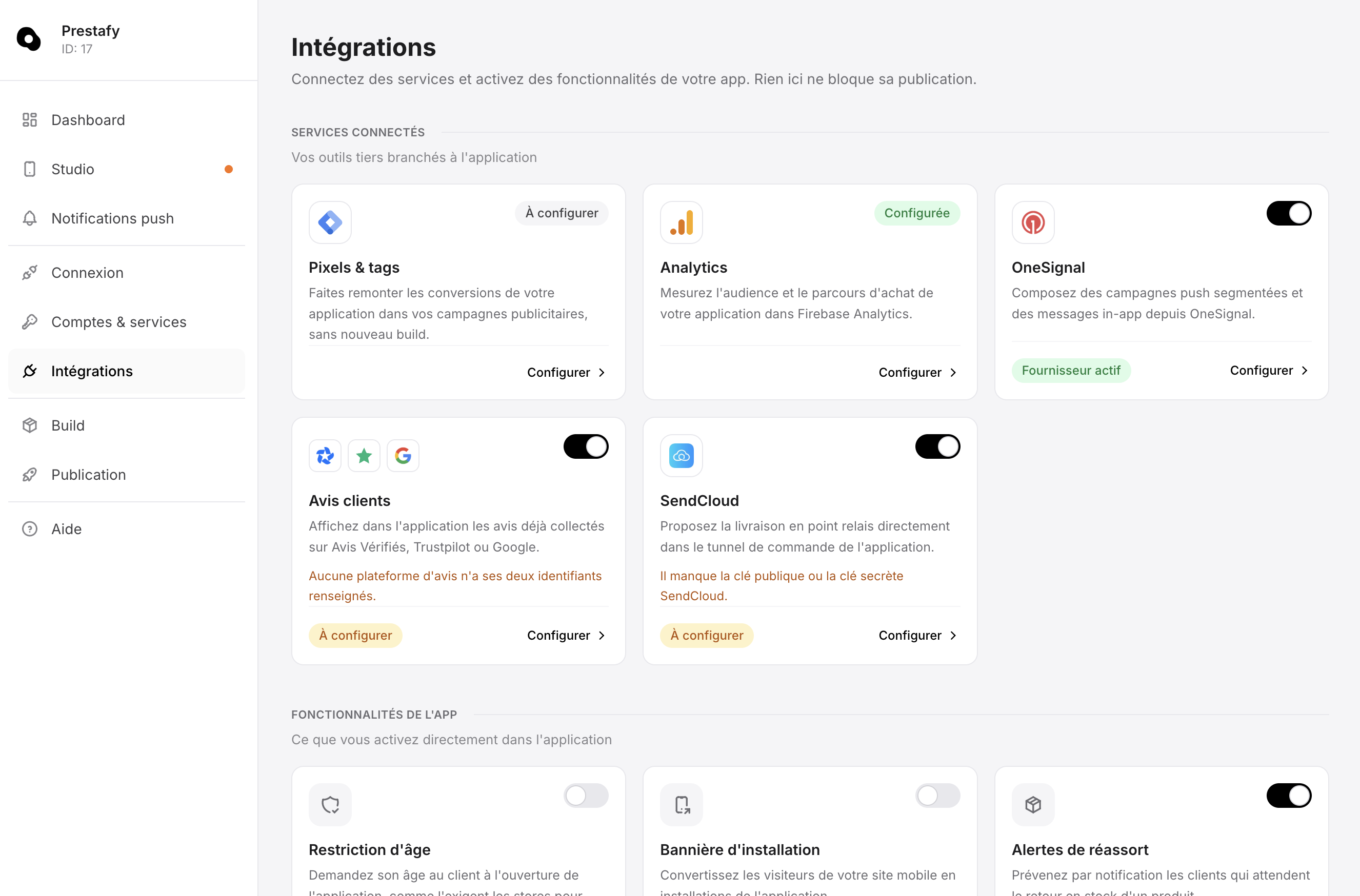 Hub Intégrations de Prestafy : avis clients, SendCloud, pixels et tags, analytics, OneSignal et fonctionnalités de l'application mobile PrestaShop
