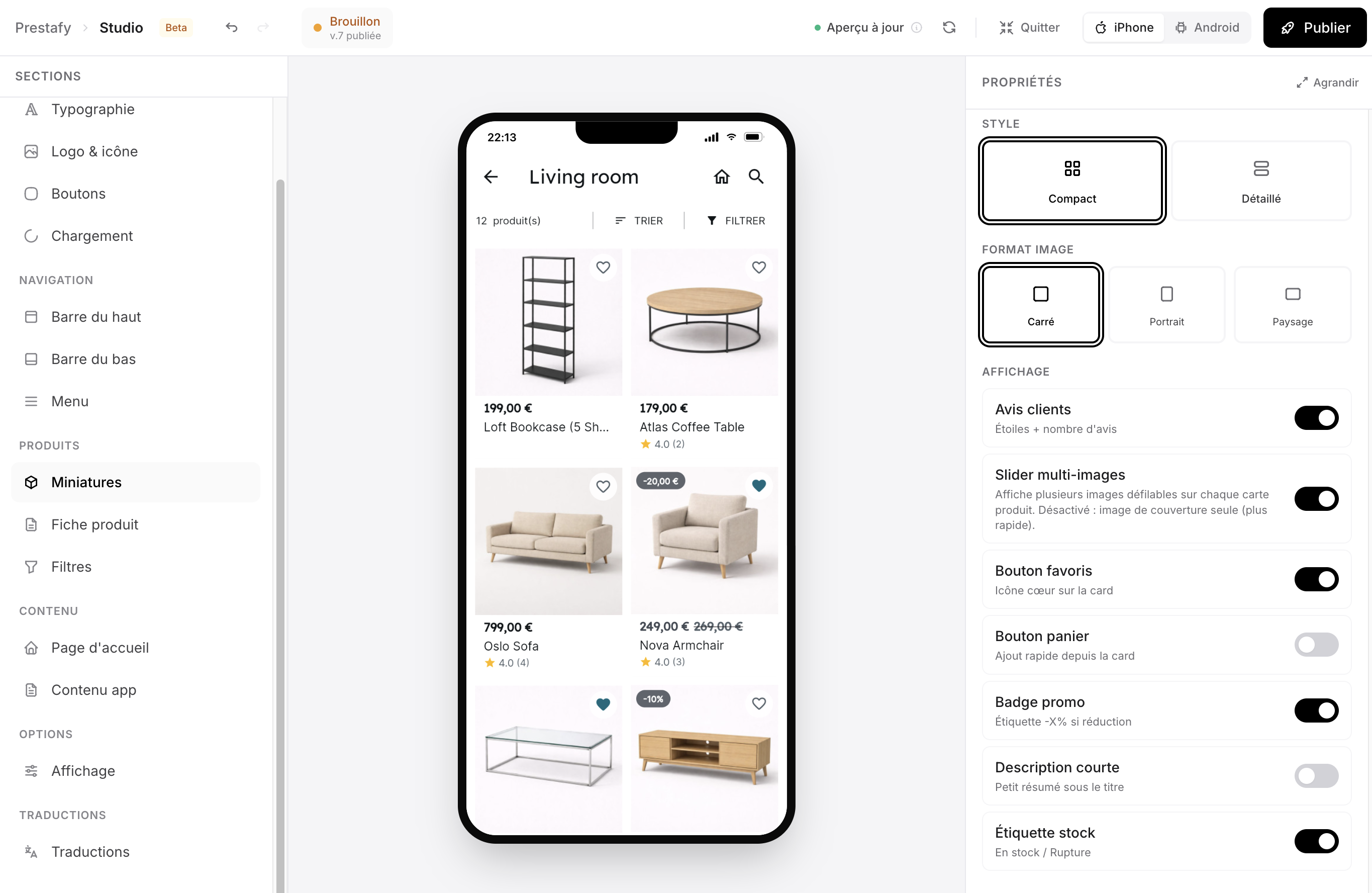 Configuration de la liste de produits (grille) de l'application mobile PrestaShop dans le Studio Prestafy