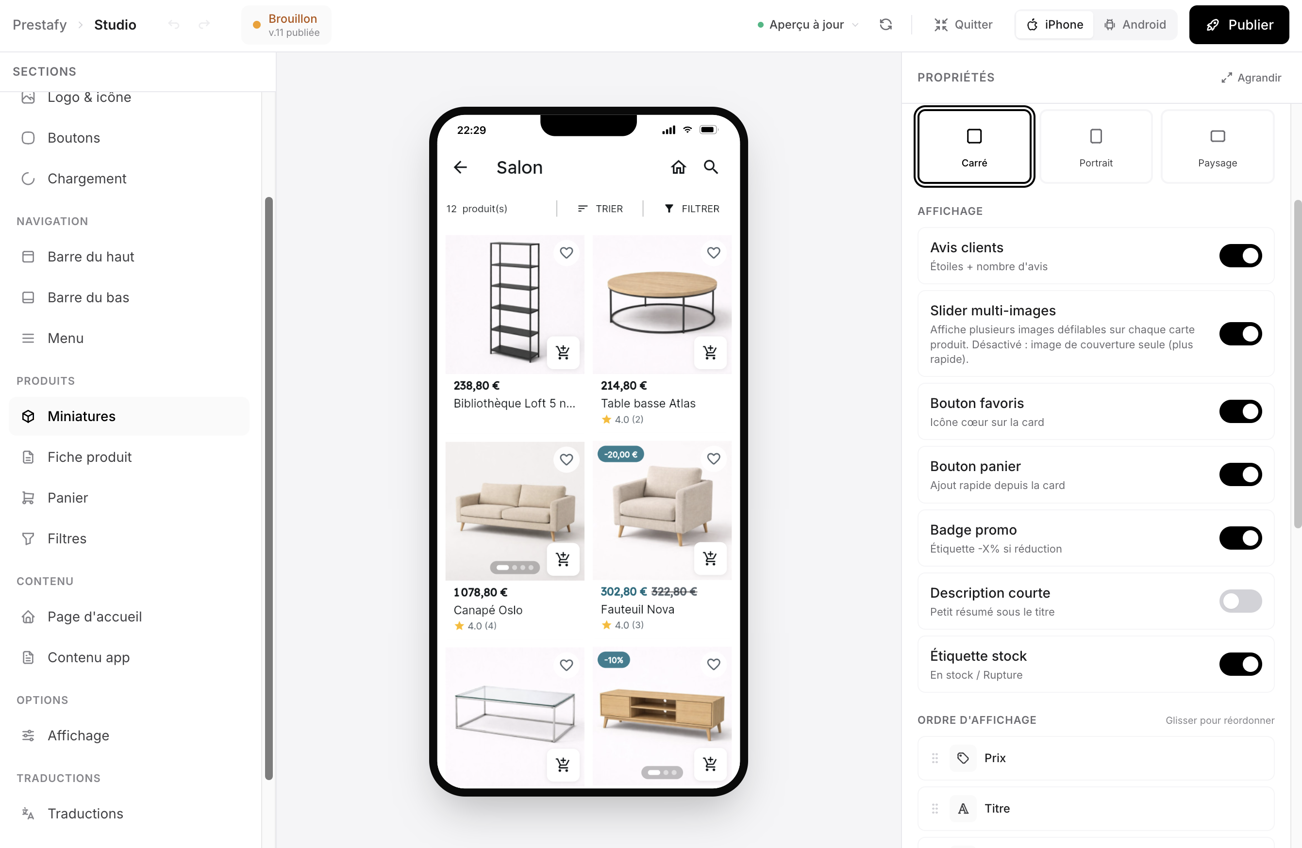 Configuration de la liste de produits (grille) de l'application mobile PrestaShop dans le Studio Prestafy