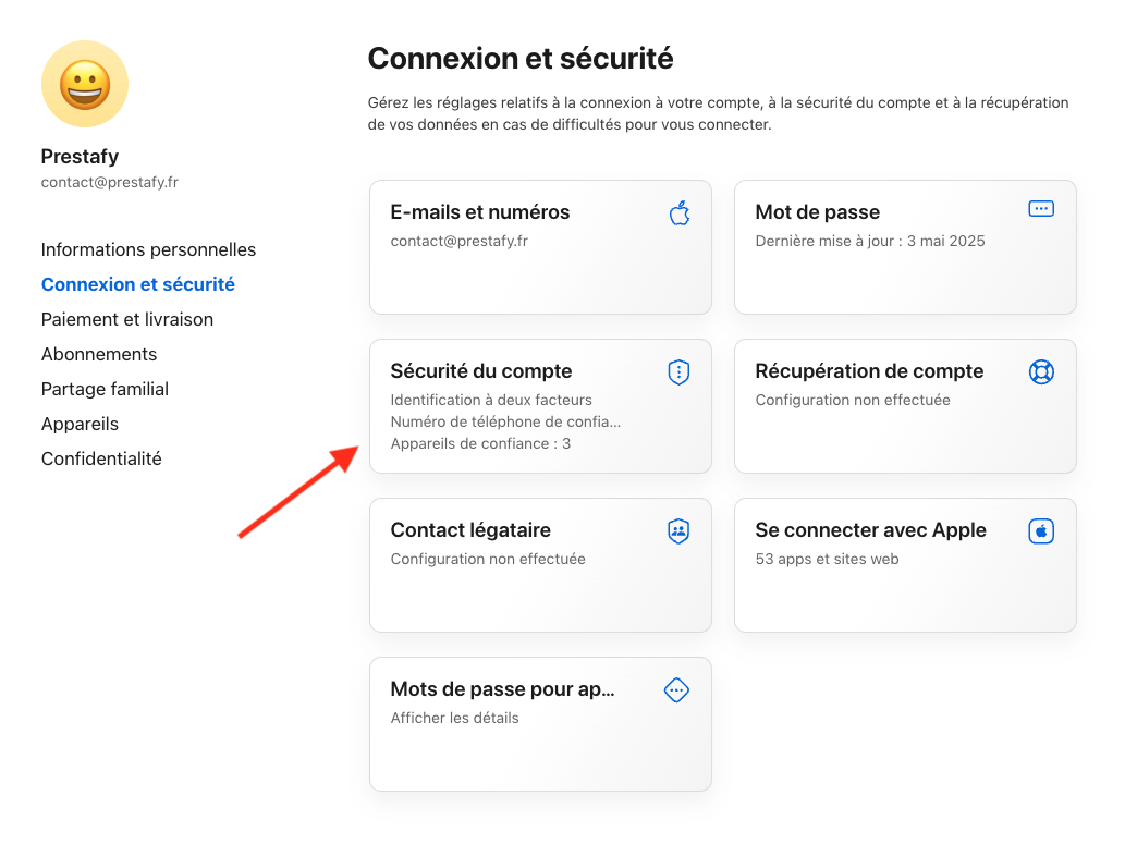 Activer la double authentification sur Apple ID dans Connexion et sécurité