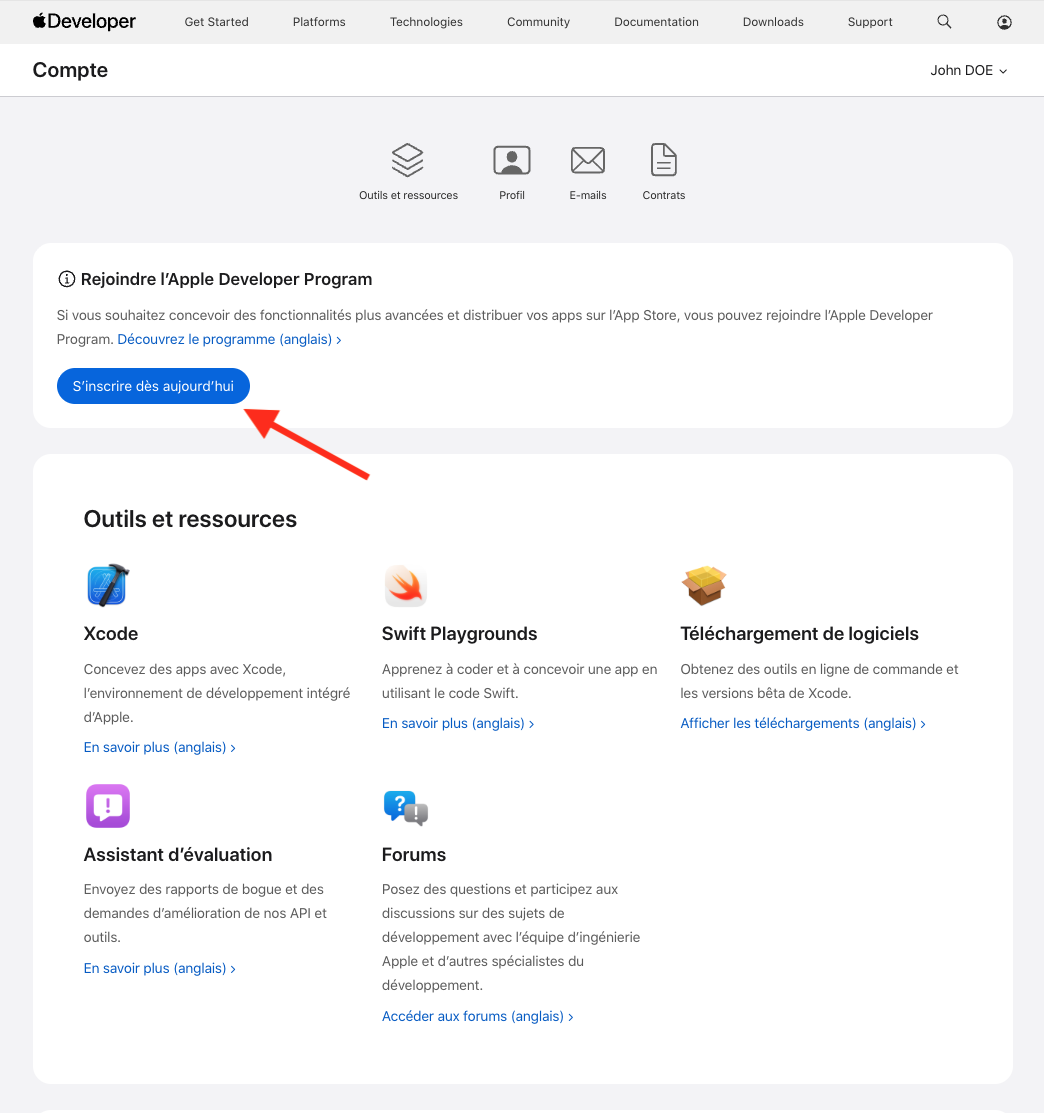 Portail Apple Developer, bouton S'inscrire dès aujourd'hui