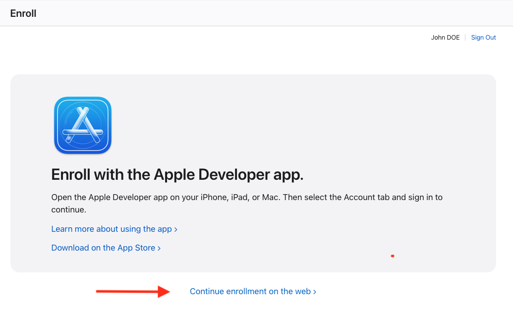 Continuer l'inscription Apple Developer sur le web