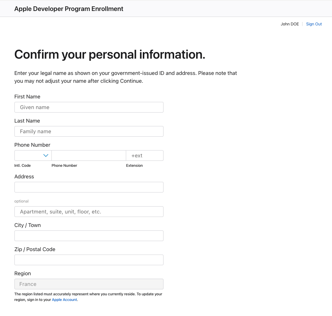 Confirmer ses informations personnelles lors de l'inscription Apple Developer