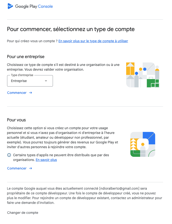 Google Play Console — sélectionner un type de compte entreprise