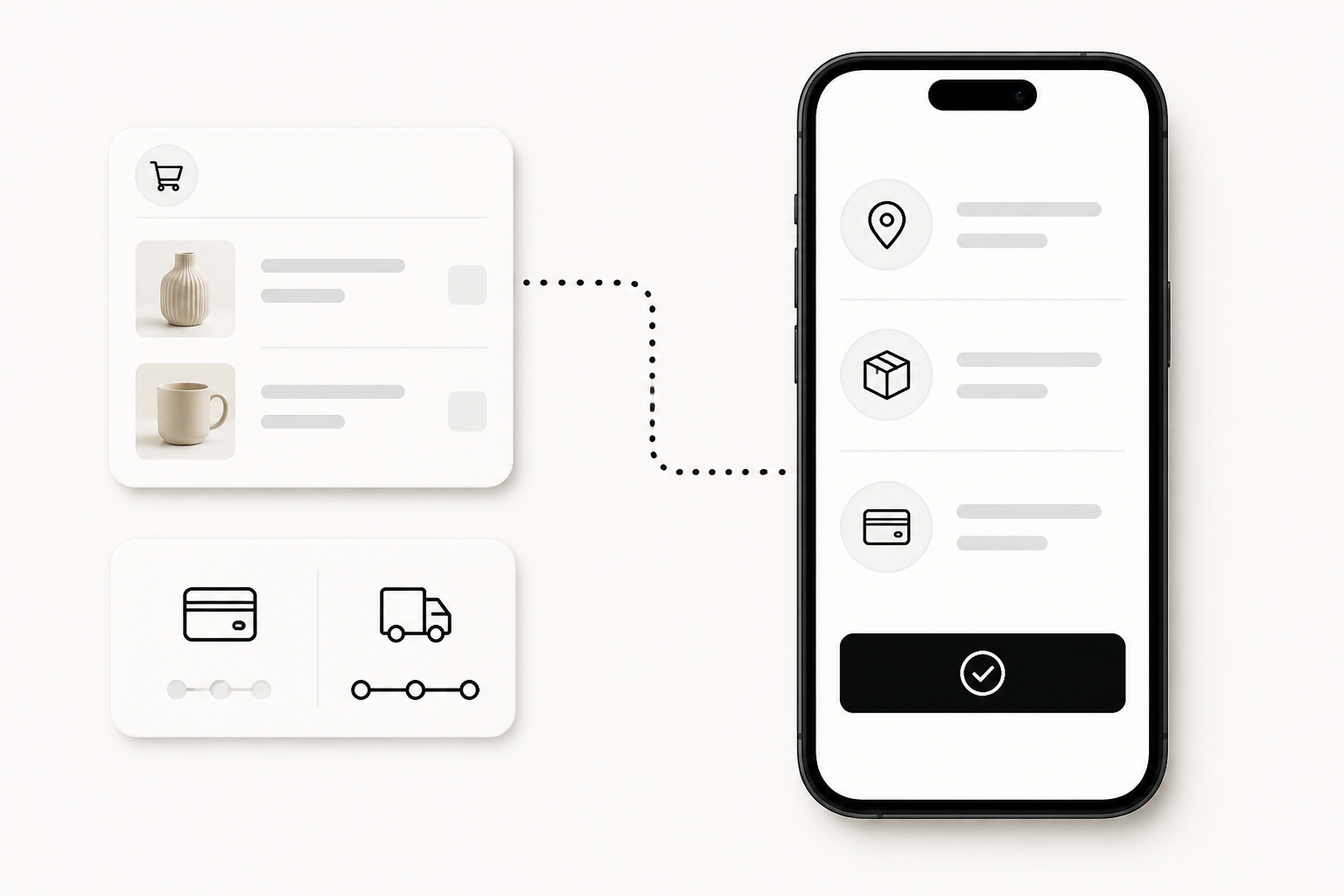 Un checkout mobile avec adresse, livraison et paiement