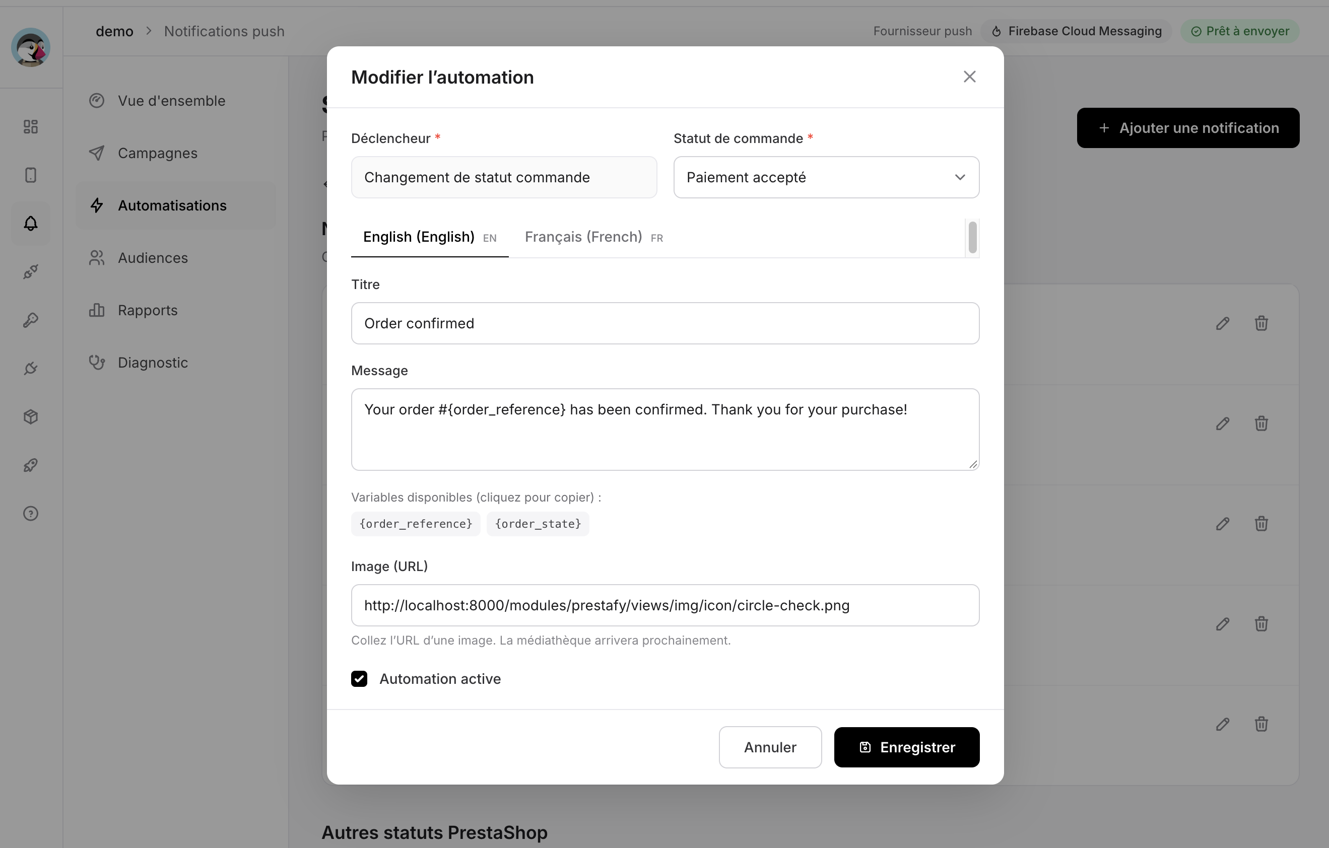 Configuration form for an order status automation