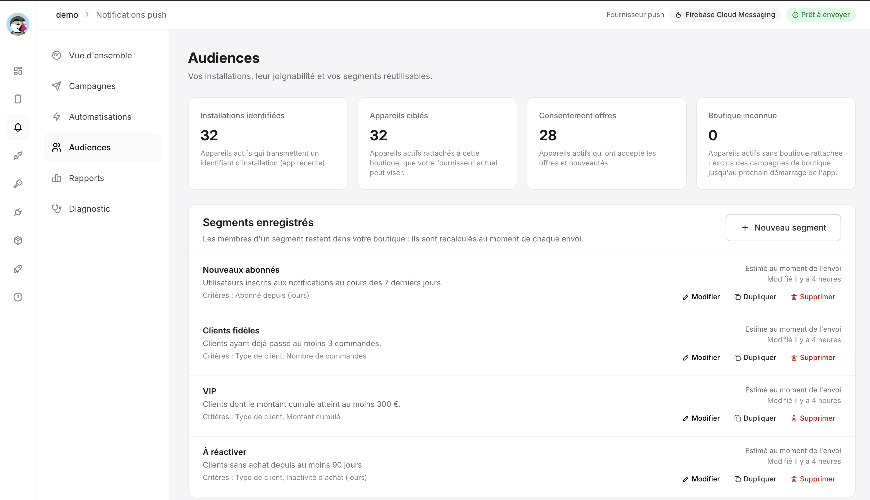 PrestaShop push notification audiences and segments in Prestafy
