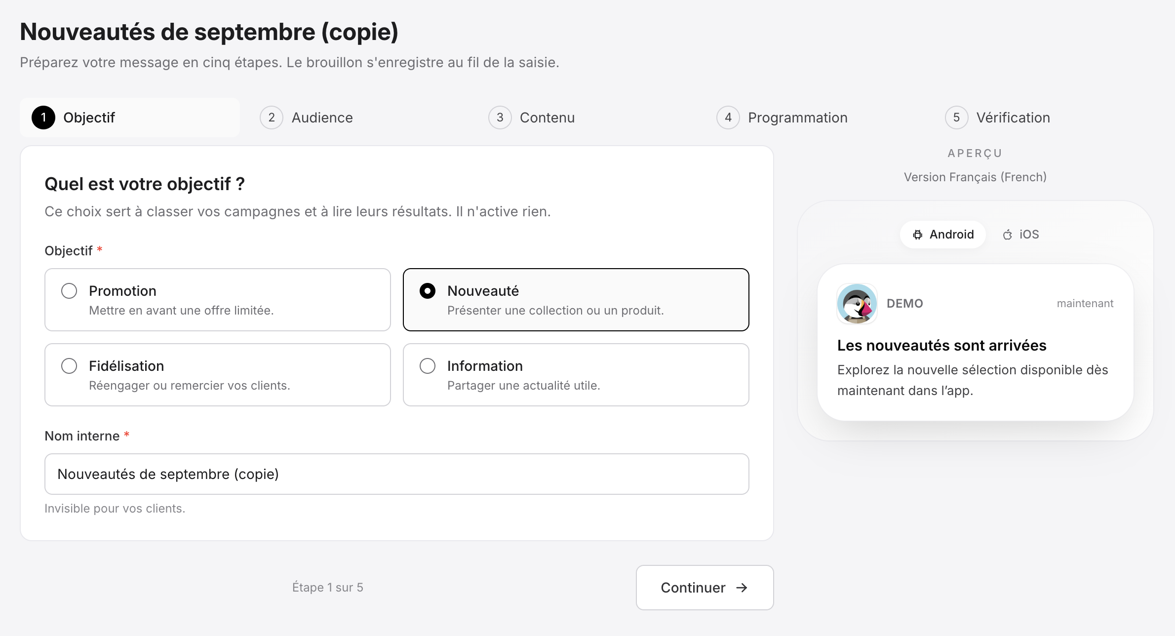 First step when creating a push campaign: define the objective