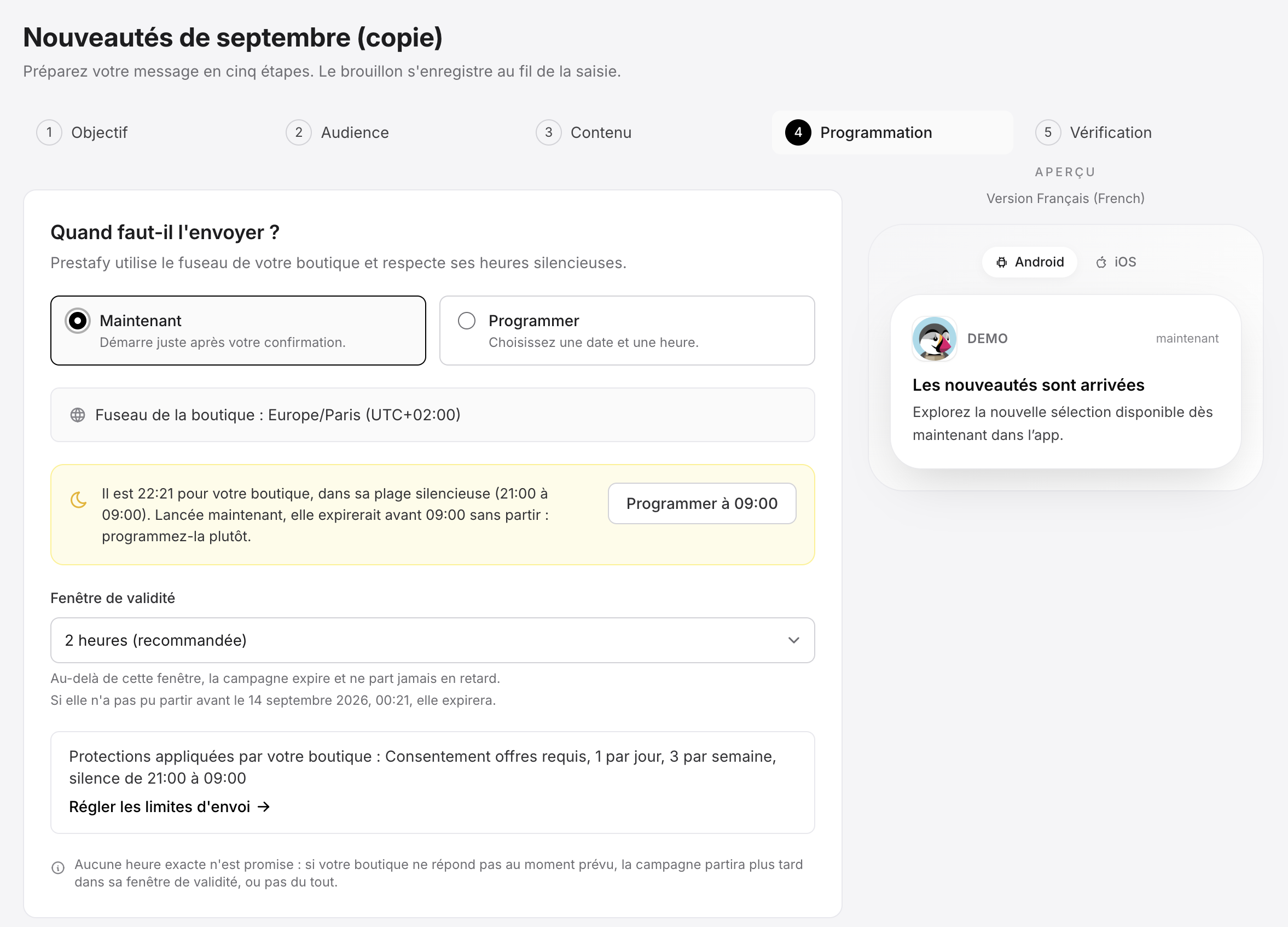 Fourth step when creating a push campaign: schedule the send