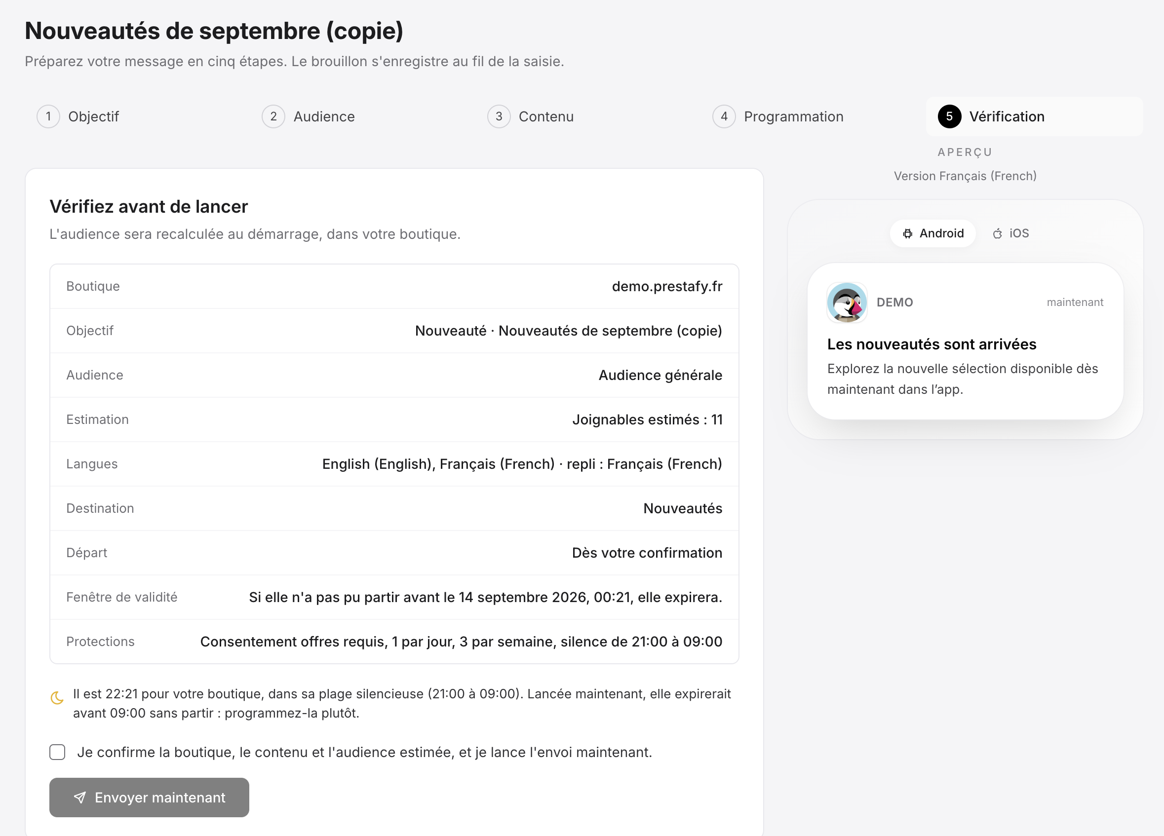 Fifth step when creating a push campaign: review and confirm