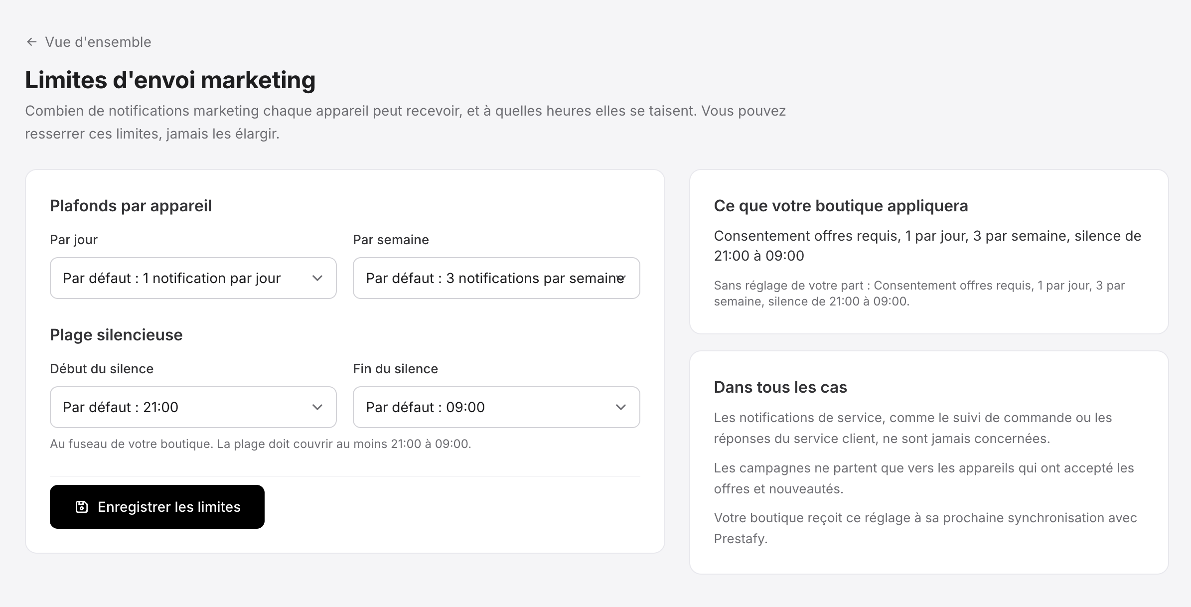Marketing notification sending limits in Prestafy