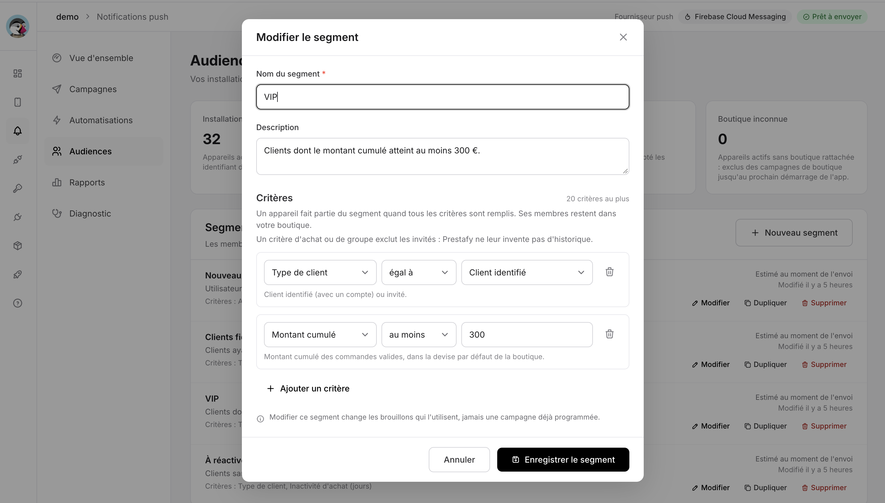 Customer segment creation form in Prestafy