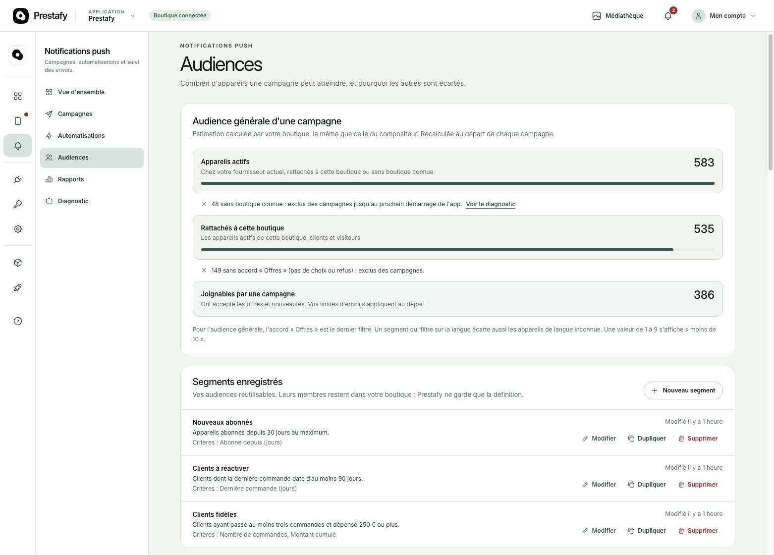 Audiences et segments de notifications push PrestaShop dans Prestafy