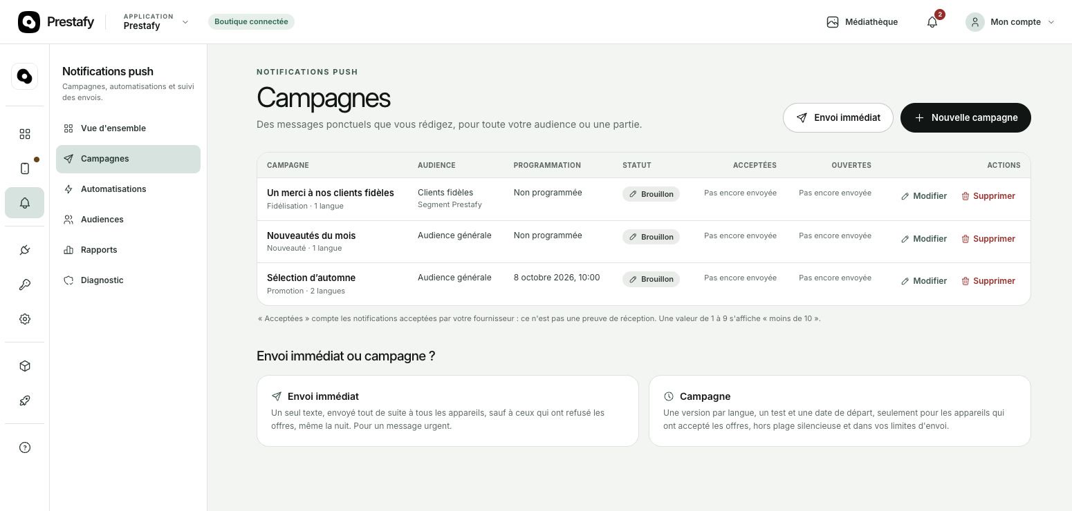 Liste des campagnes de notifications push dans Prestafy