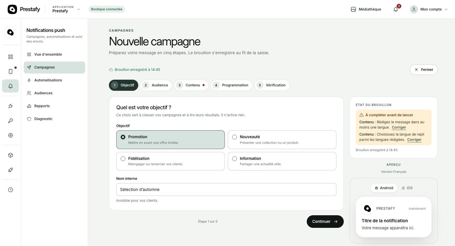 Première étape de création d’une campagne push : définir son objectif