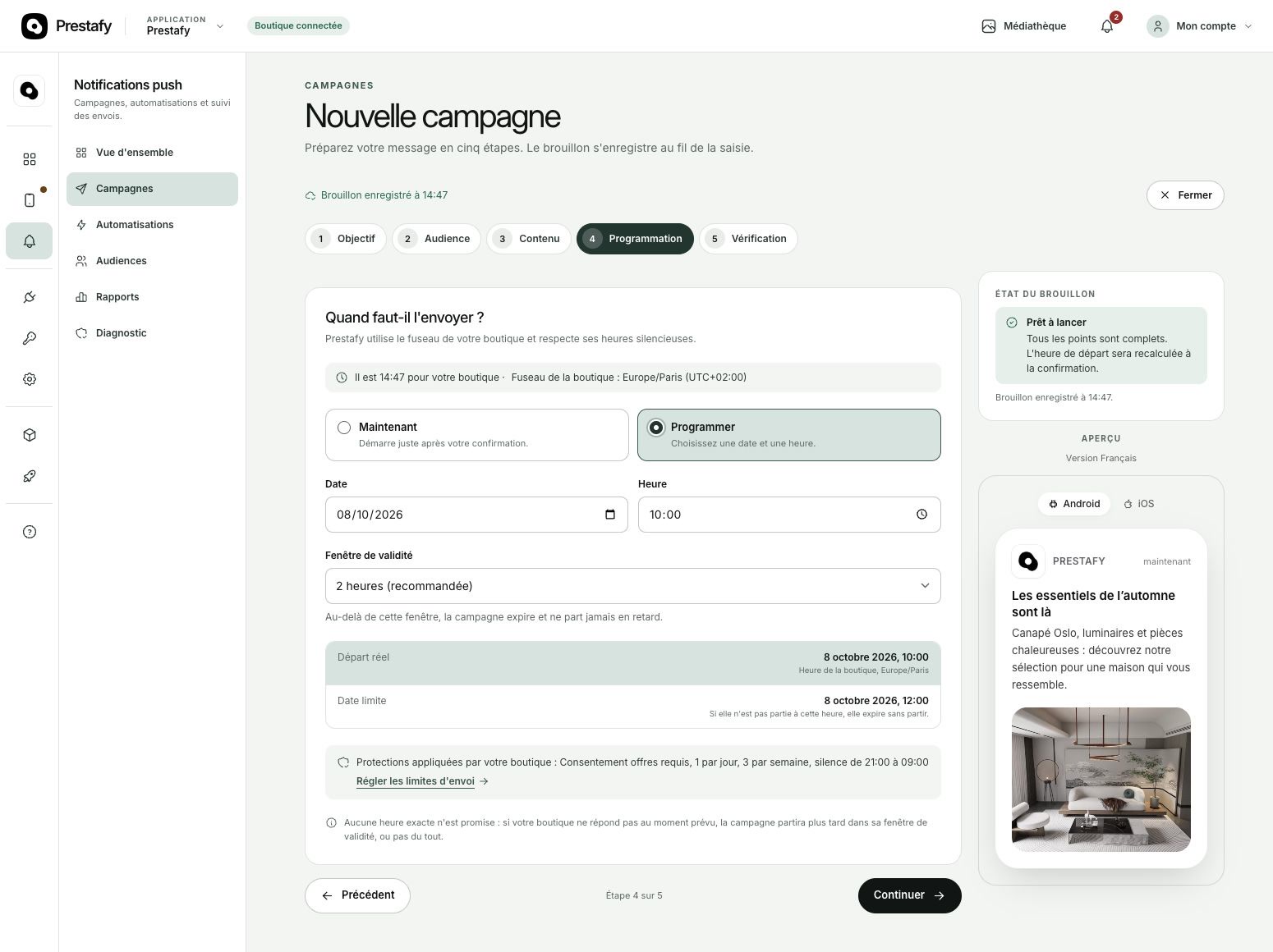 Quatrième étape de création d’une campagne push : programmer l’envoi