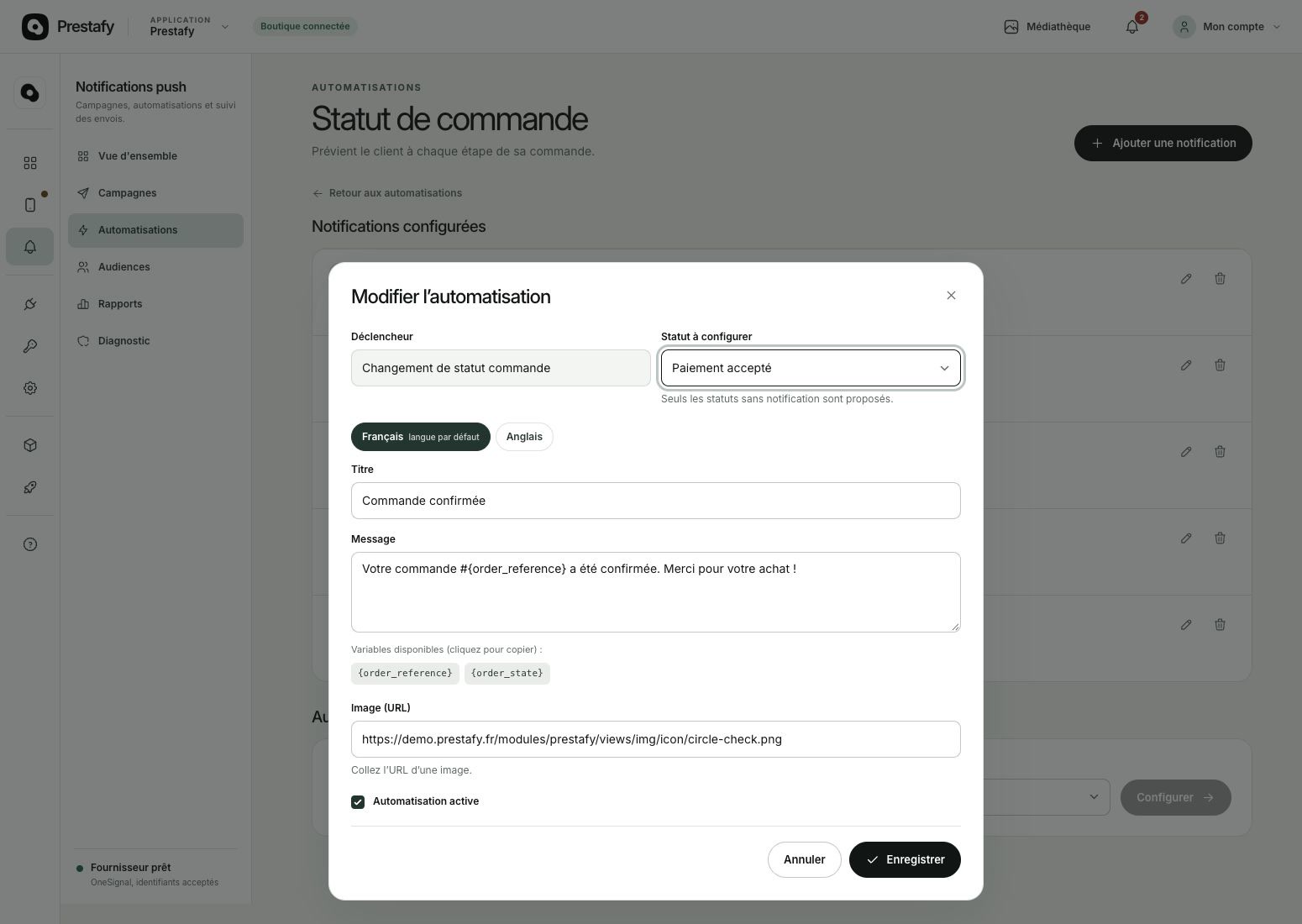 Formulaire de configuration d’une automatisation liée au statut de commande