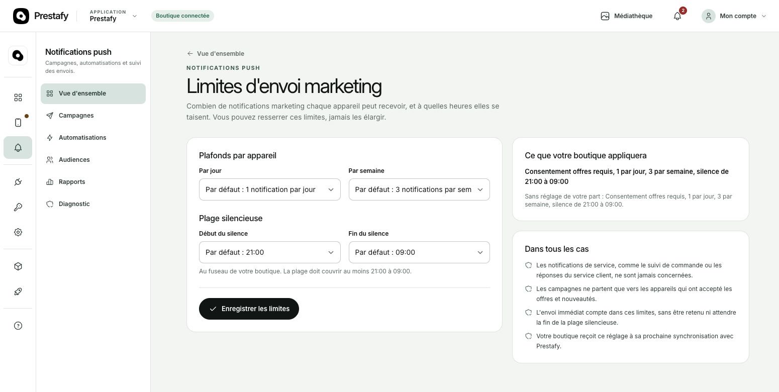 Réglage des limites d’envoi marketing dans Prestafy