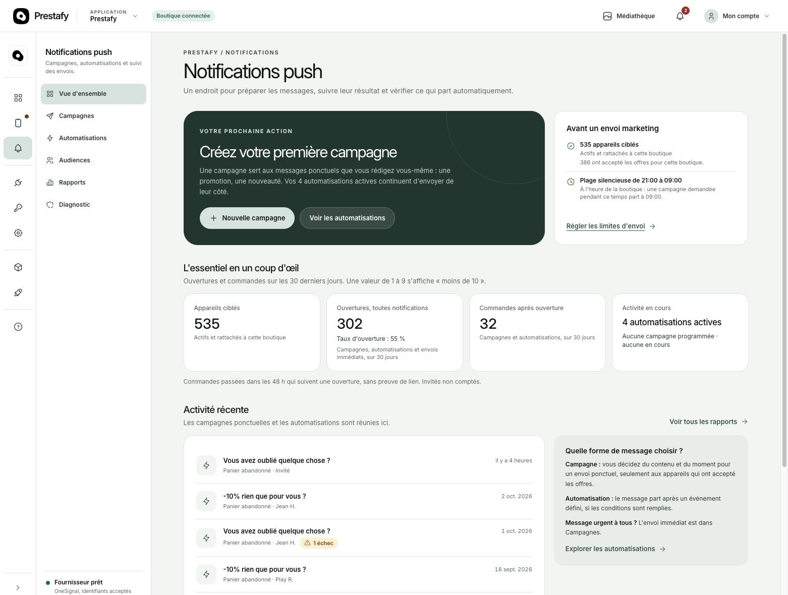 Vue d’ensemble du centre de notifications push dans Prestafy