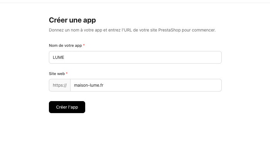Formulaire de création d'une application mobile PrestaShop dans Prestafy avec le nom et l'URL de la boutique