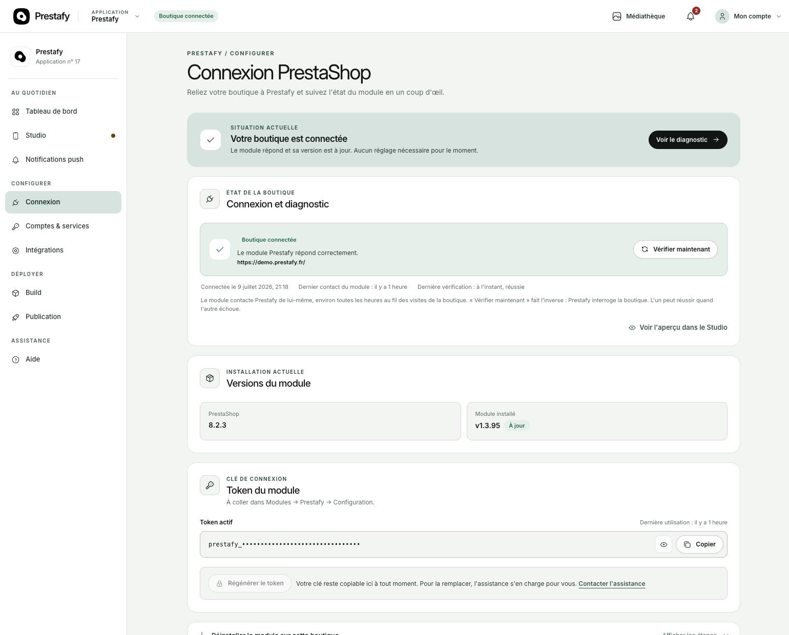 Page de connexion Prestafy pour télécharger le module PrestaShop et copier le token API