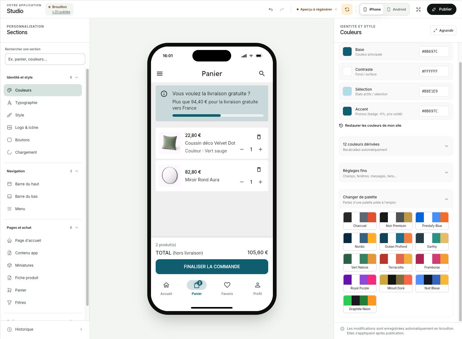 Personnalisation des couleurs et du thème de l'application PrestaShop dans le Studio Prestafy avec aperçu en temps réel