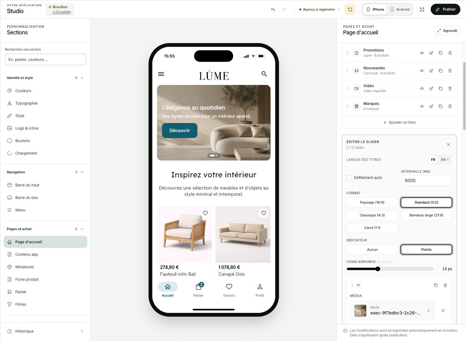 Composition de la page d'accueil de l'application mobile PrestaShop avec les blocs du Studio Prestafy