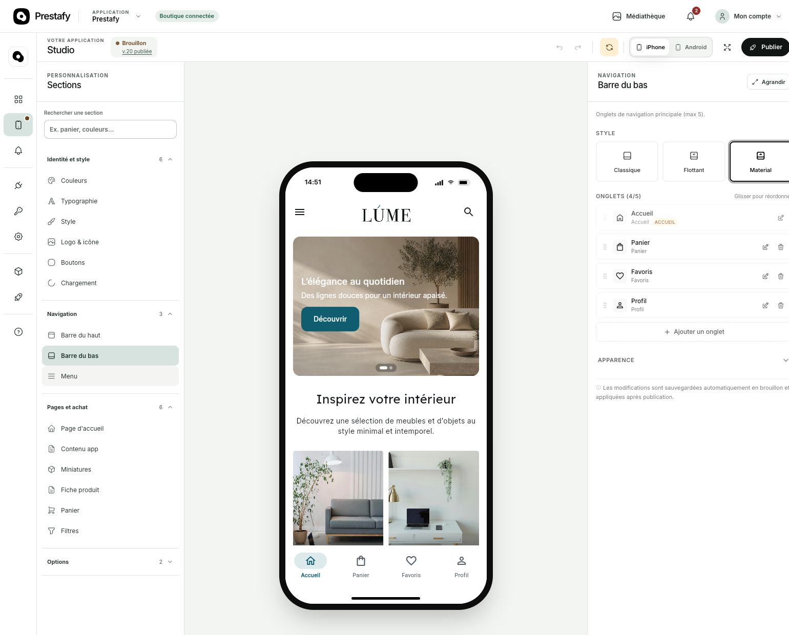 Personnalisation de la barre de navigation et du logo de l'application PrestaShop dans le Studio