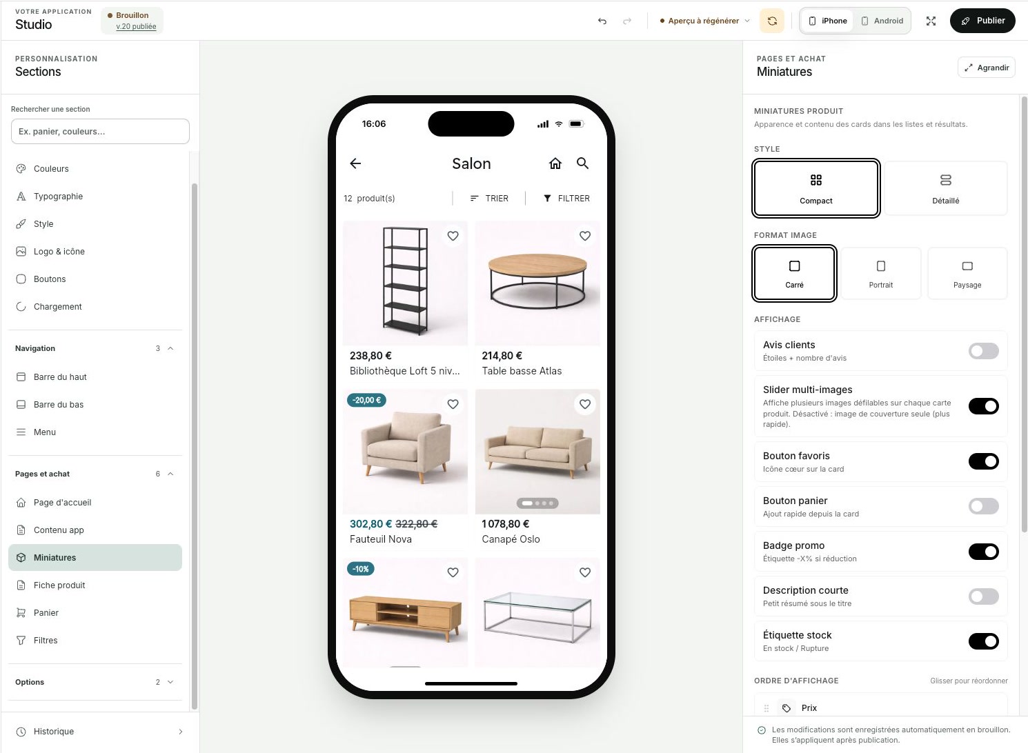Configuration de la liste de produits (grille) de l'application mobile PrestaShop dans le Studio Prestafy