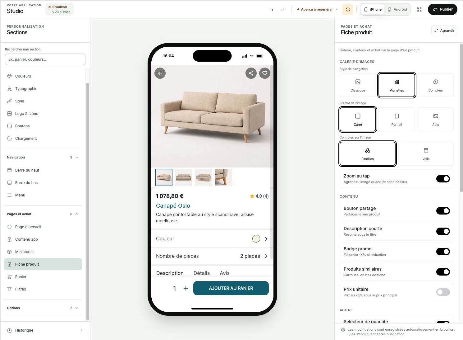 Configuration de la fiche produit de l'application mobile PrestaShop dans le Studio Prestafy