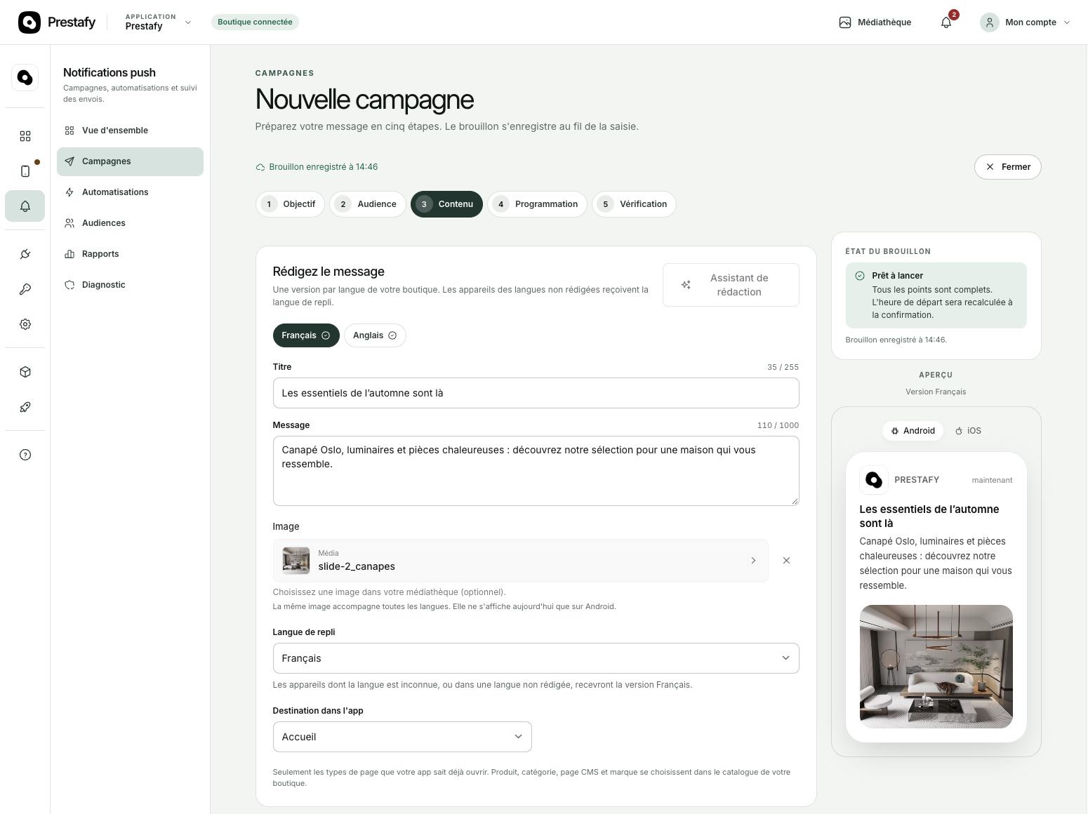 Envoi d'une notification push depuis Prestafy pour l'application mobile PrestaShop, avec aperçu du rendu