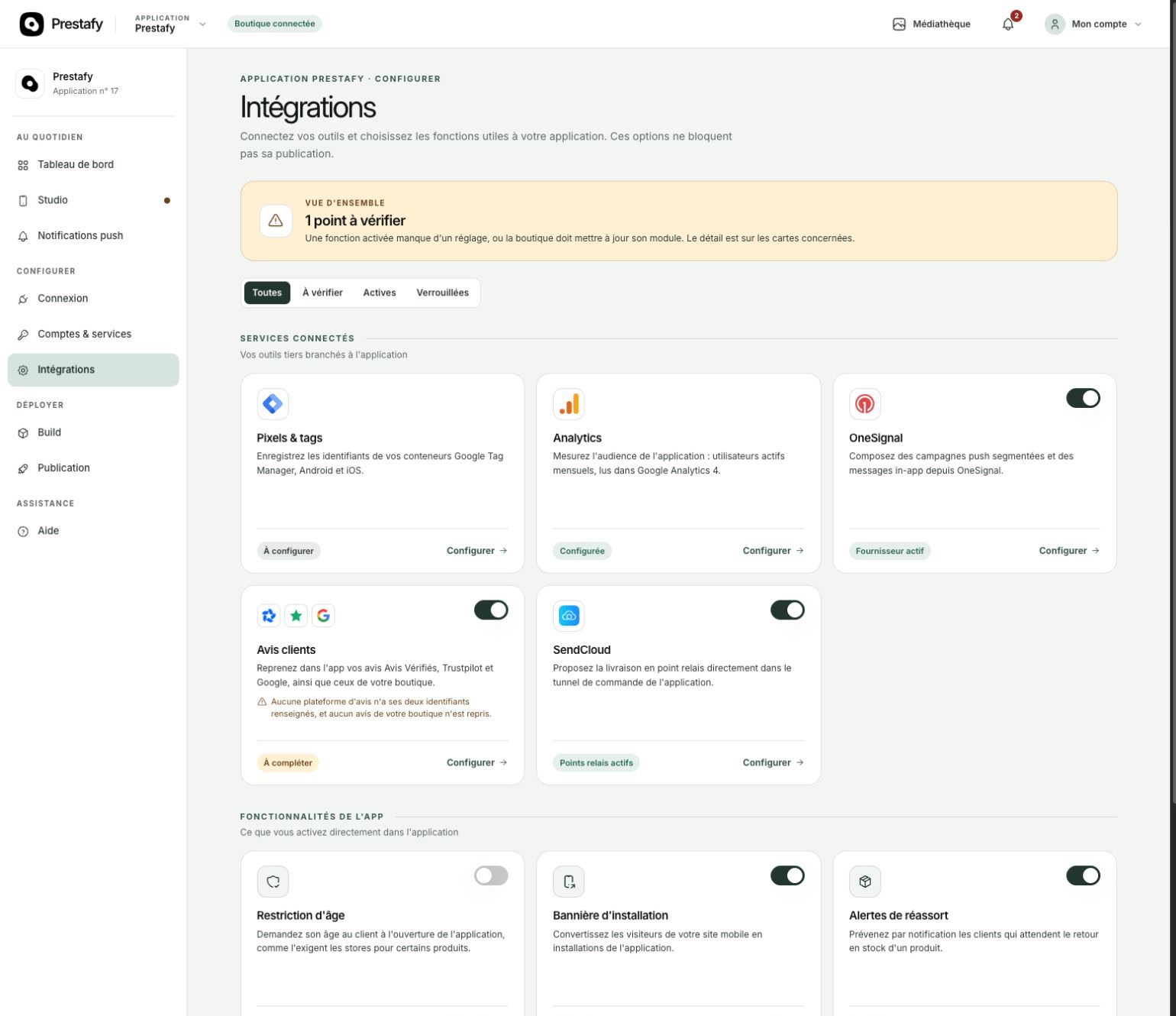 Hub Intégrations de Prestafy : avis clients, SendCloud, pixels et tags, analytics, OneSignal et fonctionnalités de l'application mobile PrestaShop