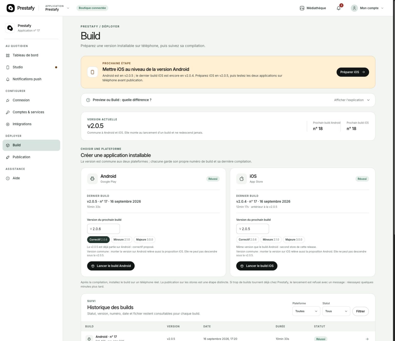 Compilation de l'application mobile PrestaShop en APK Android et IPA iOS depuis Prestafy
