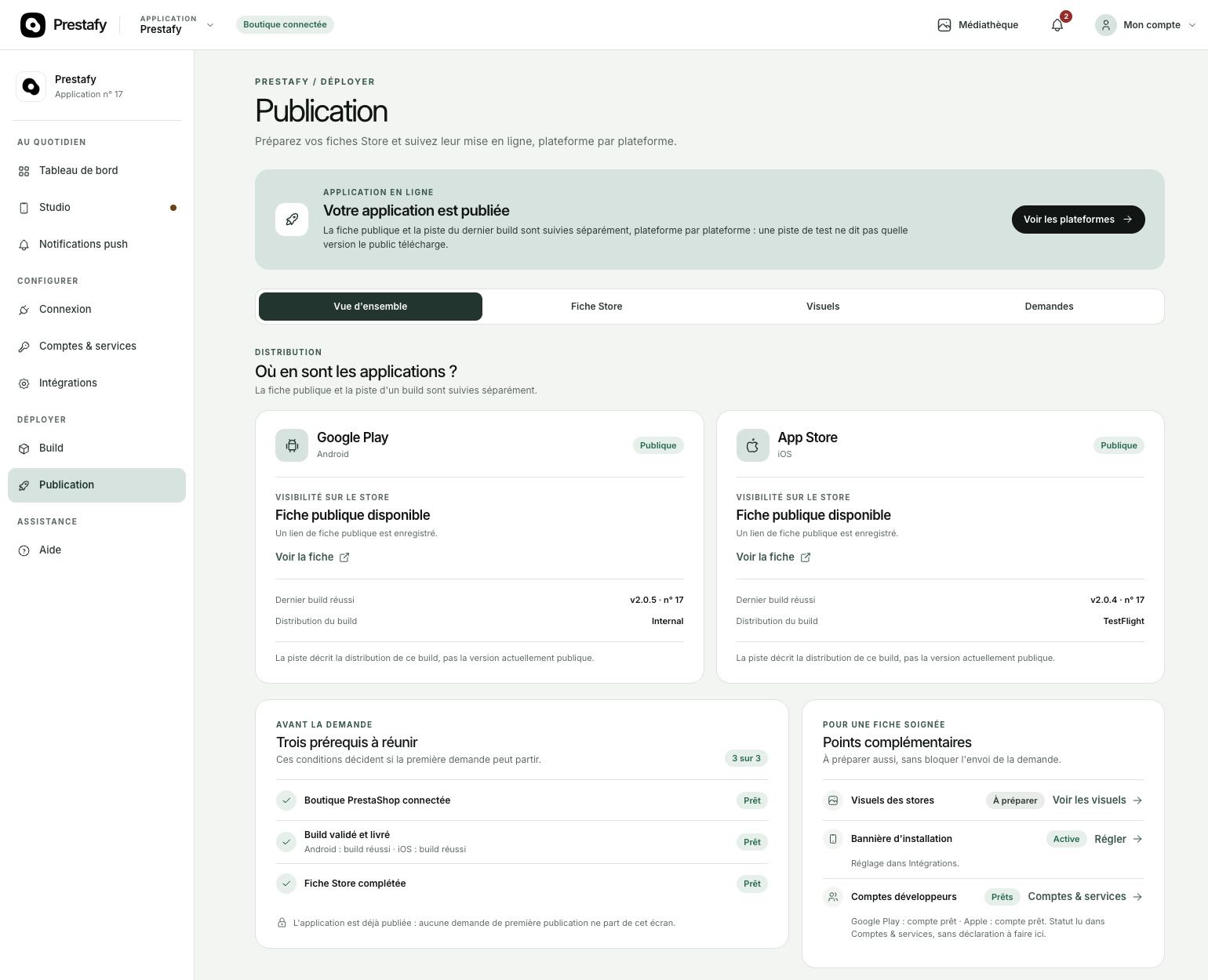 Publication de l'application PrestaShop sur l'App Store et Google Play depuis Prestafy